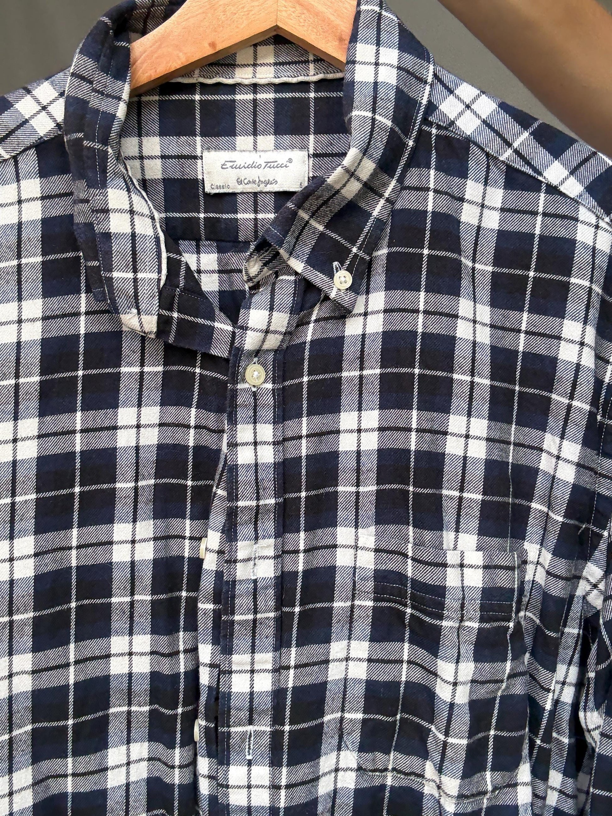 Emidio Tucci dark blue and white button up shirt, Autumn plaid pattern men's blouse, vintage Molly Ringwald vibe, US XL