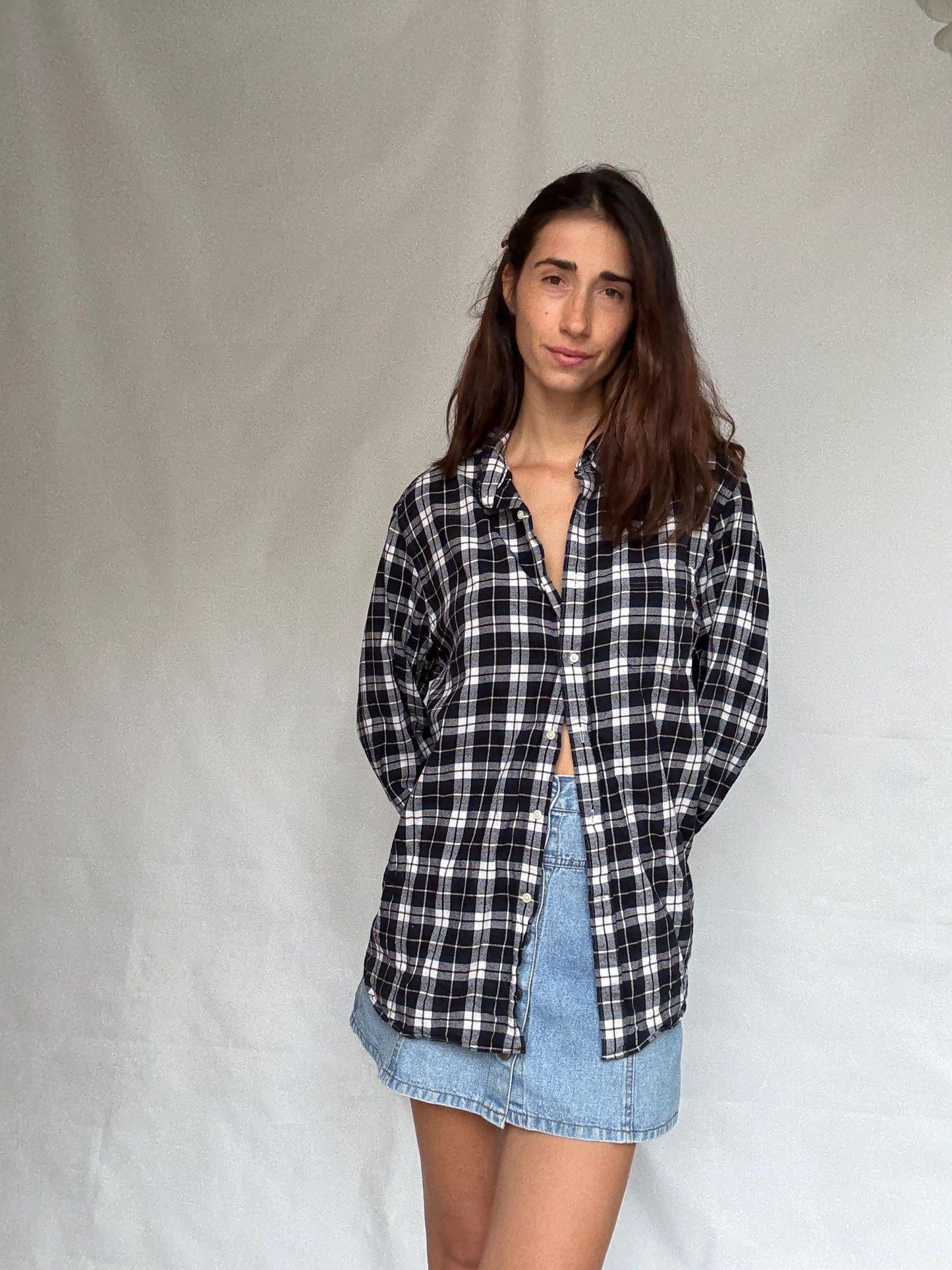 Emidio Tucci dark blue and white button up shirt, Autumn plaid pattern men's blouse, vintage Molly Ringwald vibe, US XL