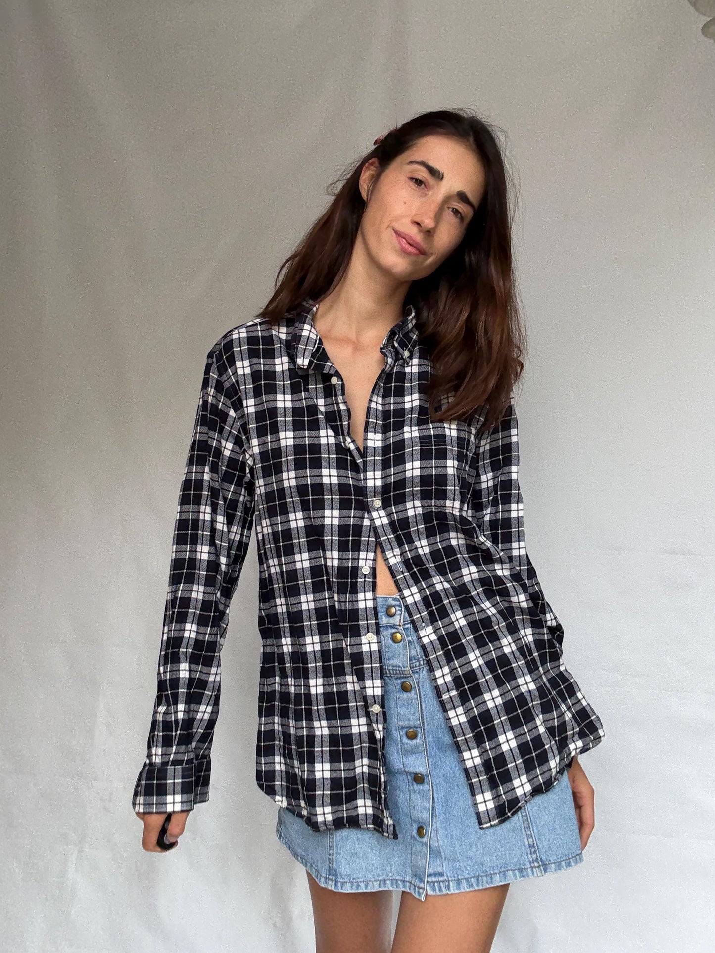 Emidio Tucci dark blue and white button up shirt, Autumn plaid pattern men's blouse, vintage Molly Ringwald vibe, US XL
