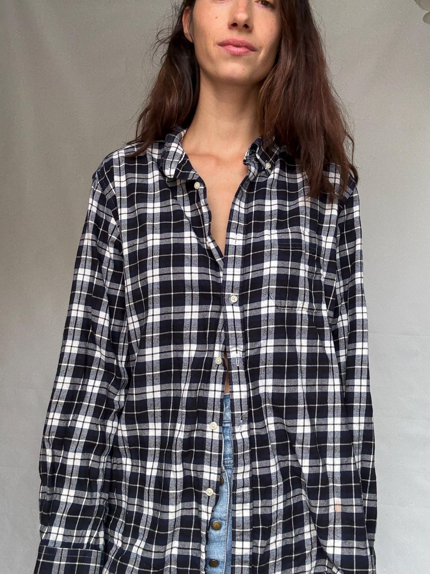 Emidio Tucci dark blue and white button up shirt, Autumn plaid pattern men's blouse, vintage Molly Ringwald vibe, US XL