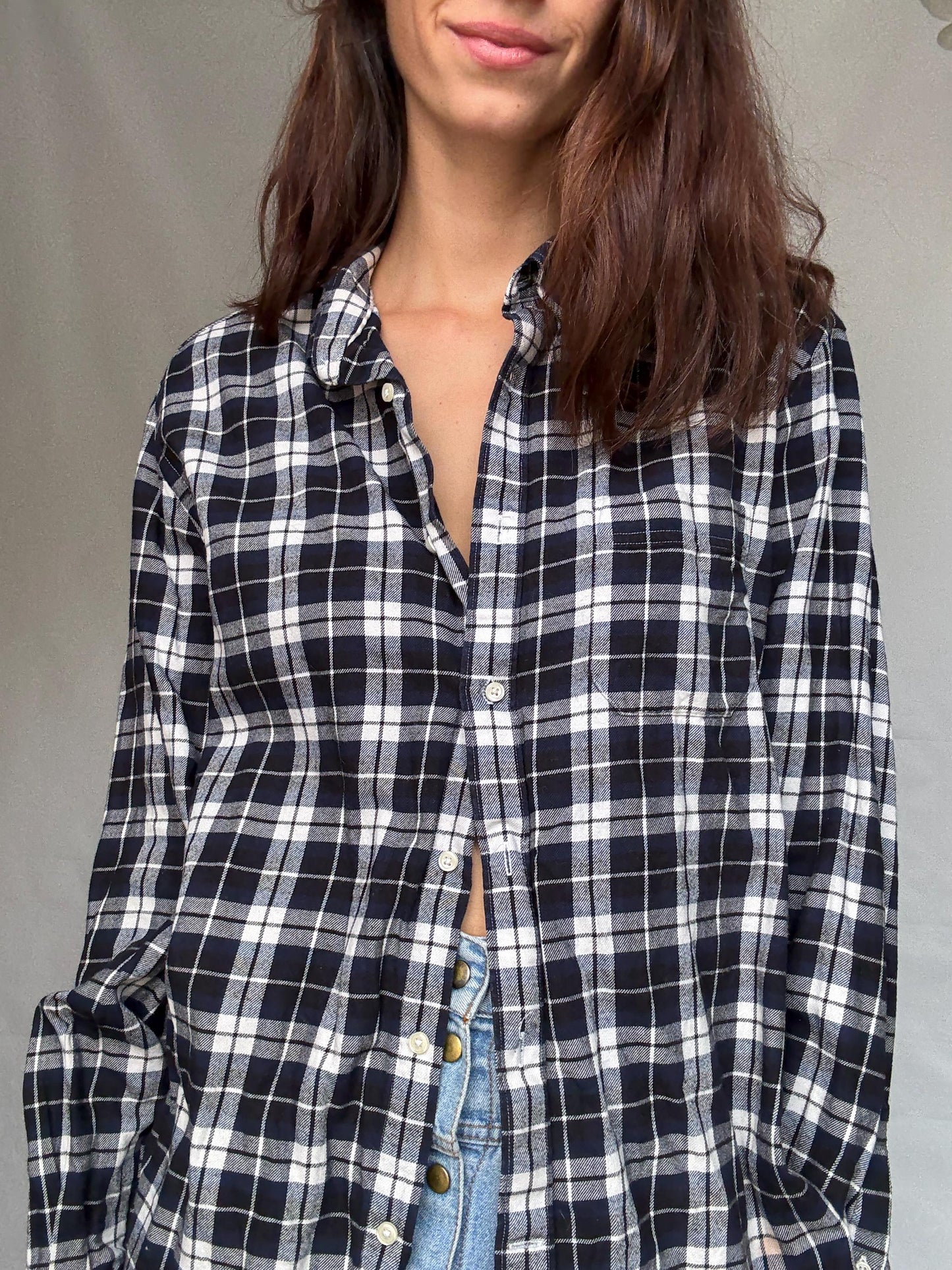 Emidio Tucci dark blue and white button up shirt, Autumn plaid pattern men's blouse, vintage Molly Ringwald vibe, US XL