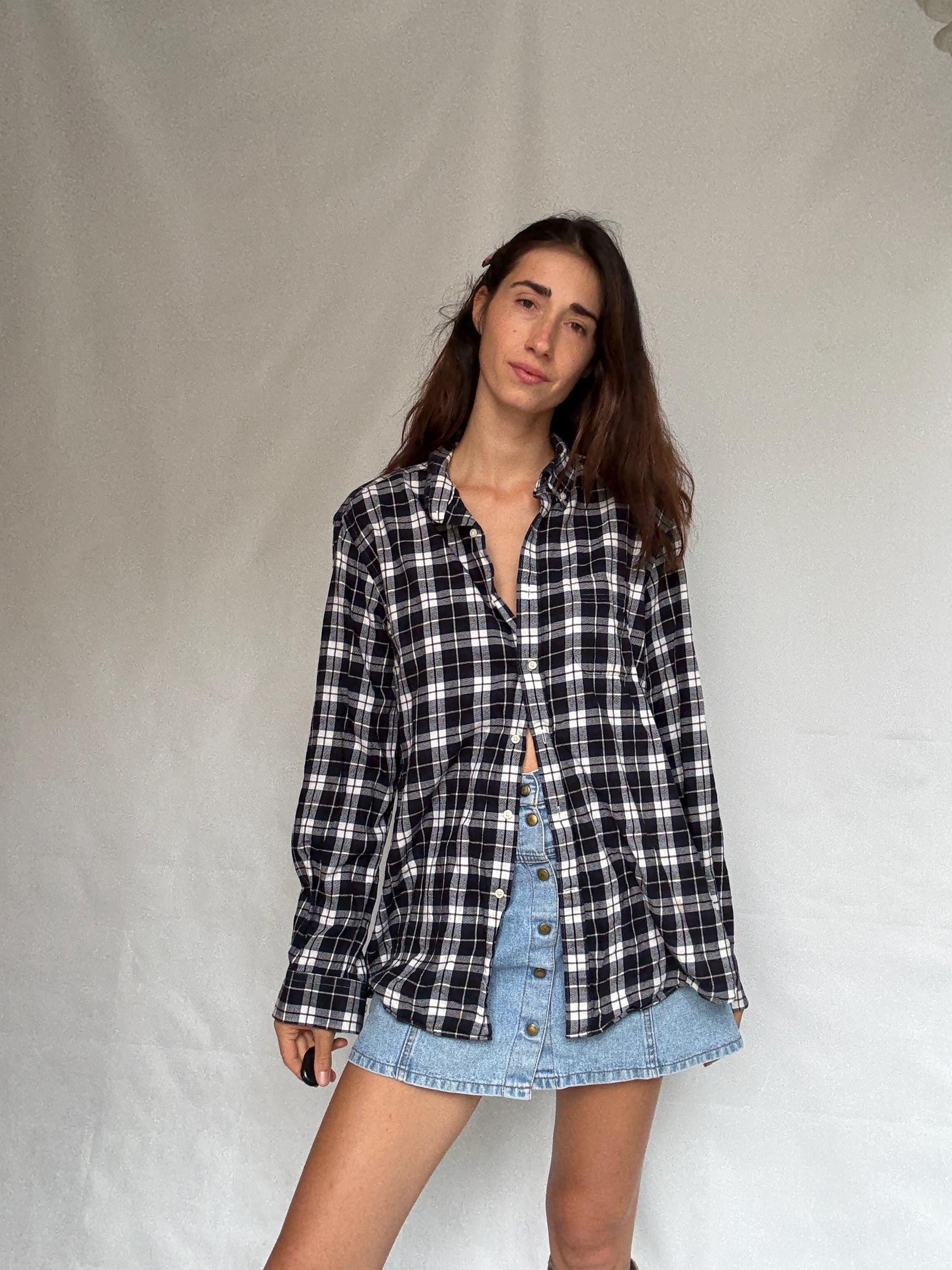 Emidio Tucci dark blue and white button up shirt, Autumn plaid pattern men's blouse, vintage Molly Ringwald vibe, US XL