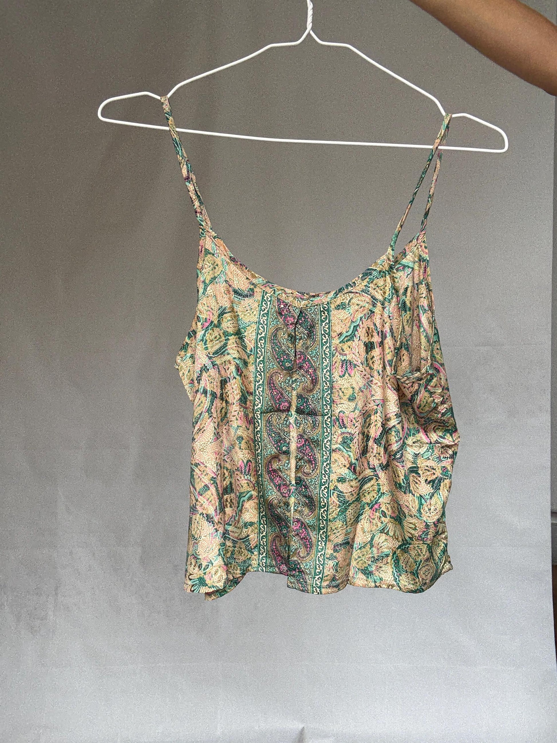 Silk boho camisole top, Paisley print flowy tank top, Spaghetti straps sexy cut open bohemian Sienna Miller aesthetic, US S, festival wear