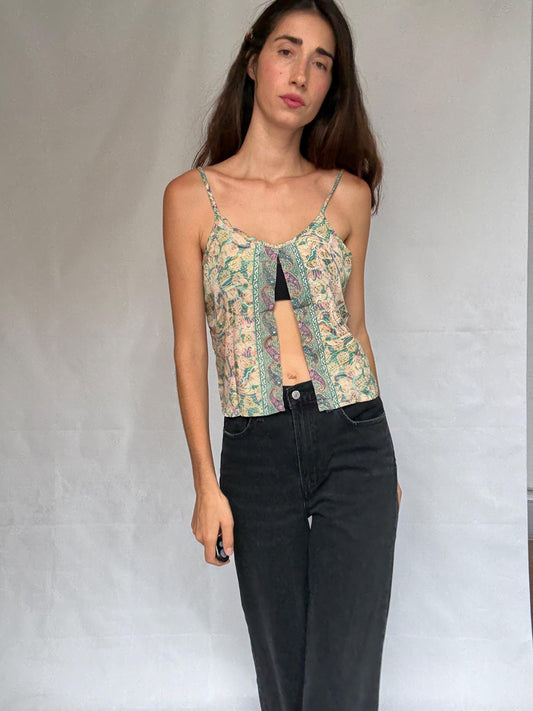Silk boho camisole top, Paisley print flowy tank top, Spaghetti straps sexy cut open bohemian Sienna Miller aesthetic, US S, festival wear