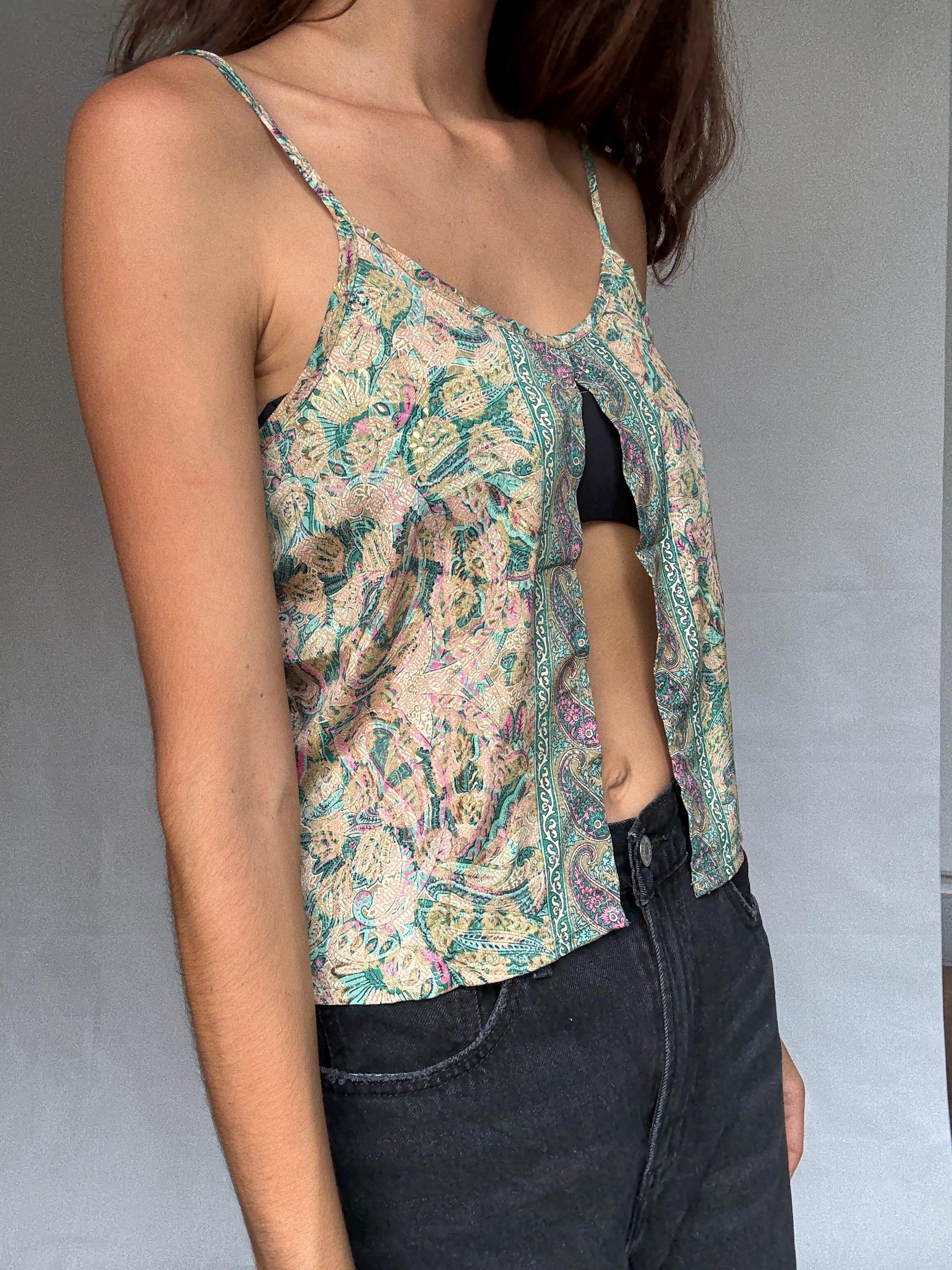 Silk boho camisole top, Paisley print flowy tank top, Spaghetti straps sexy cut open bohemian Sienna Miller aesthetic, US S, festival wear