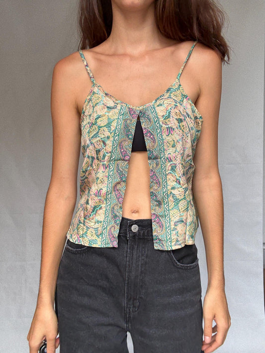 Silk boho camisole top, Paisley print flowy tank top, Spaghetti straps sexy cut open bohemian Sienna Miller aesthetic, US S, festival wear