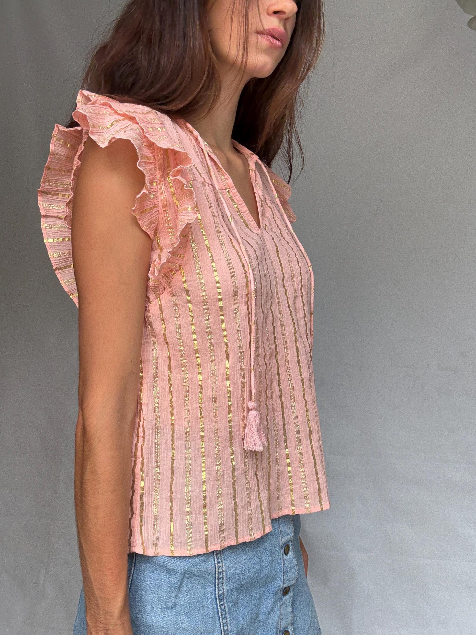 Vila pink and gold striped cotton top with metallic shimmering stripes, Romantic touch, US XS, summer sparkle wear