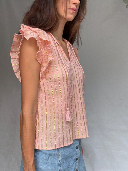 Pink And Gold Striped Cotton Top — back view