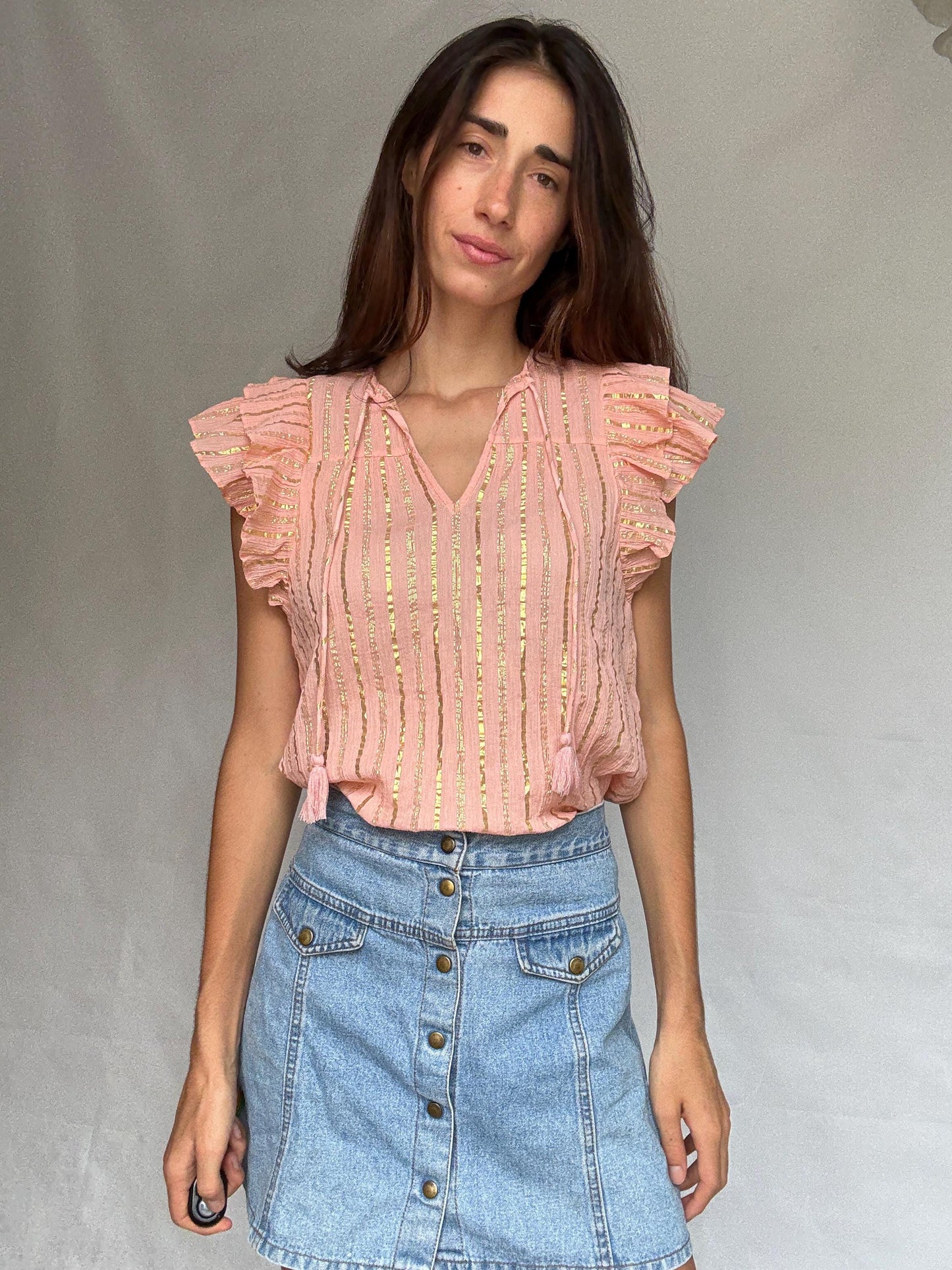 Vila pink and gold striped cotton top with metallic shimmering stripes, Romantic touch, US XS, summer sparkle wear