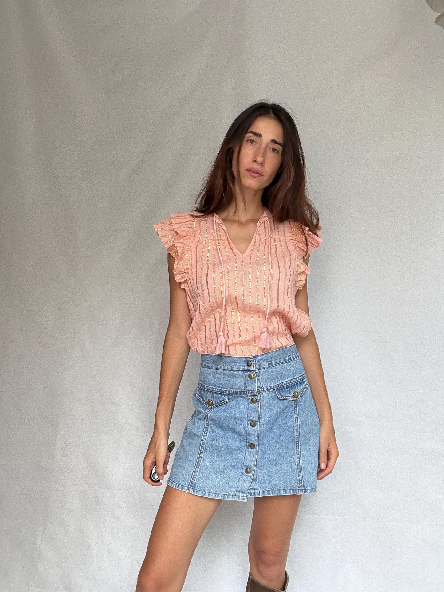 Vila pink and gold striped cotton top with metallic shimmering stripes, Romantic touch, US XS, summer sparkle wear