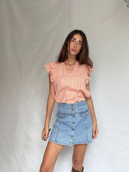Pink And Gold Striped Cotton Top — fabric close-up