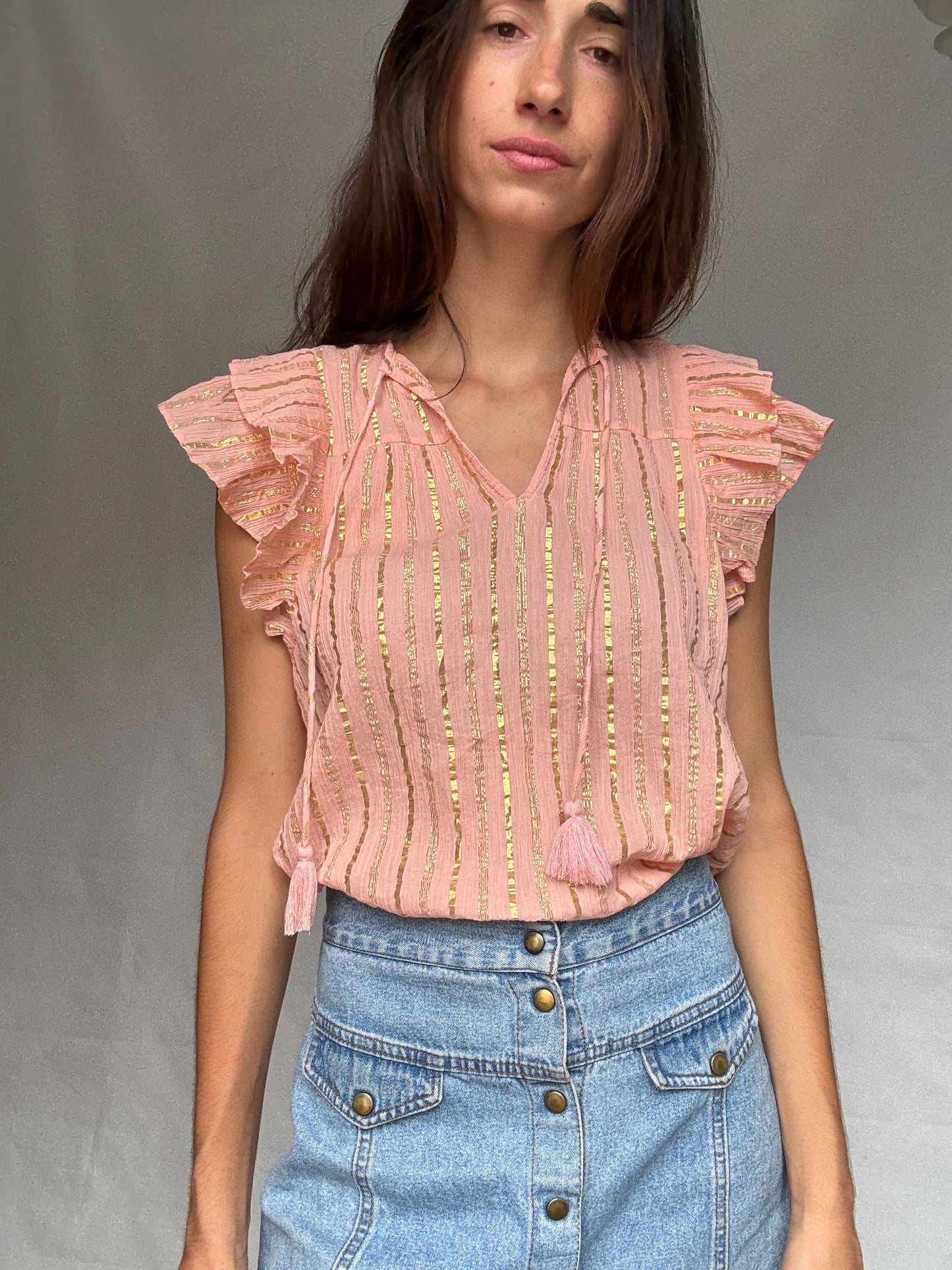 Vila pink and gold striped cotton top with metallic shimmering stripes, Romantic touch, US XS, summer sparkle wear