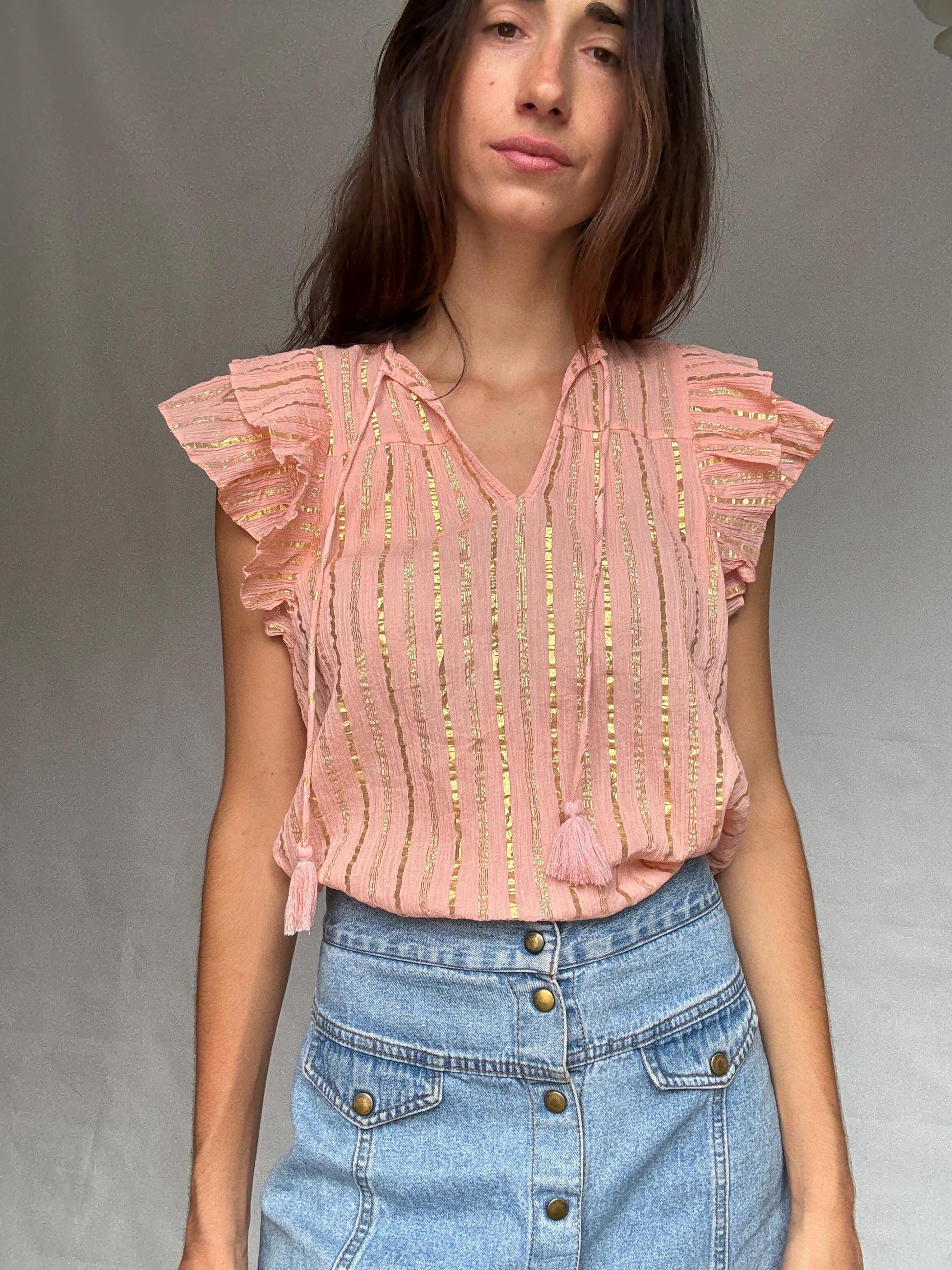 Vila pink and gold striped cotton top with metallic shimmering stripes, Romantic touch, US XS, summer sparkle wear