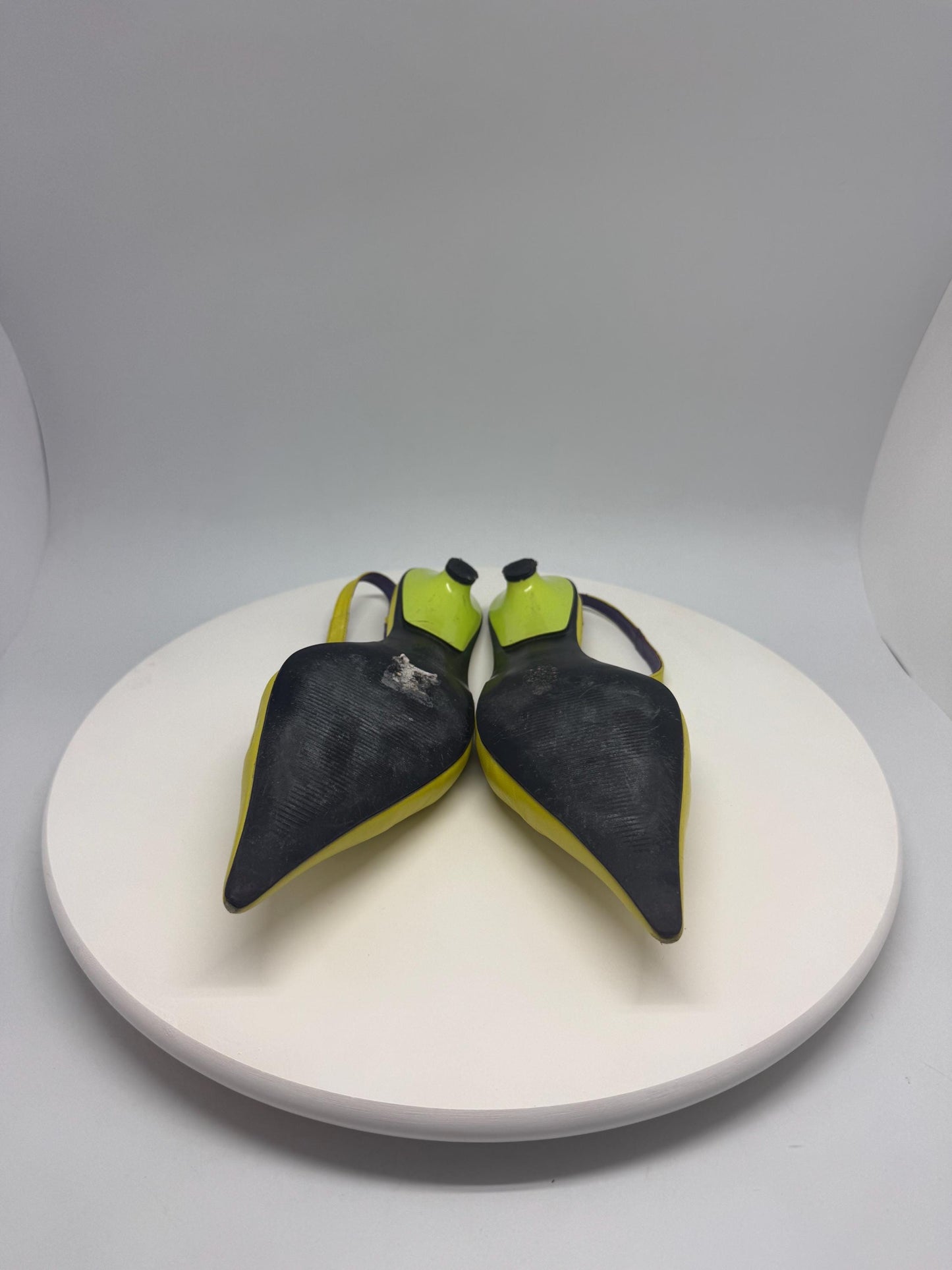 Y2K lime green heels, pointed toe, slingback style, EU 41, retro 2000s Kylie Minogue vibe, party statement shoes