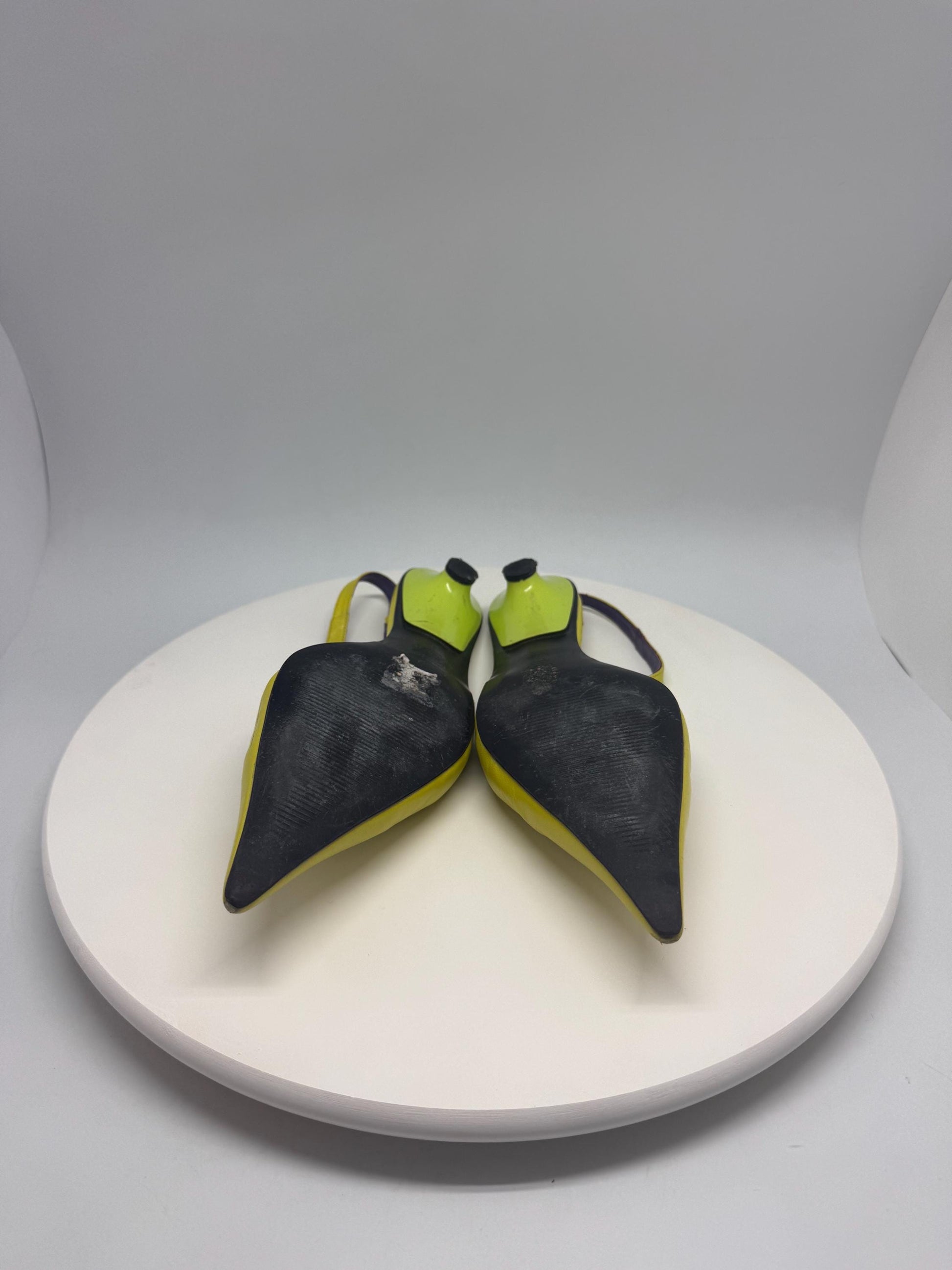 Y2K lime green heels, pointed toe, slingback style, EU 41, retro 2000s Kylie Minogue vibe, party statement shoes