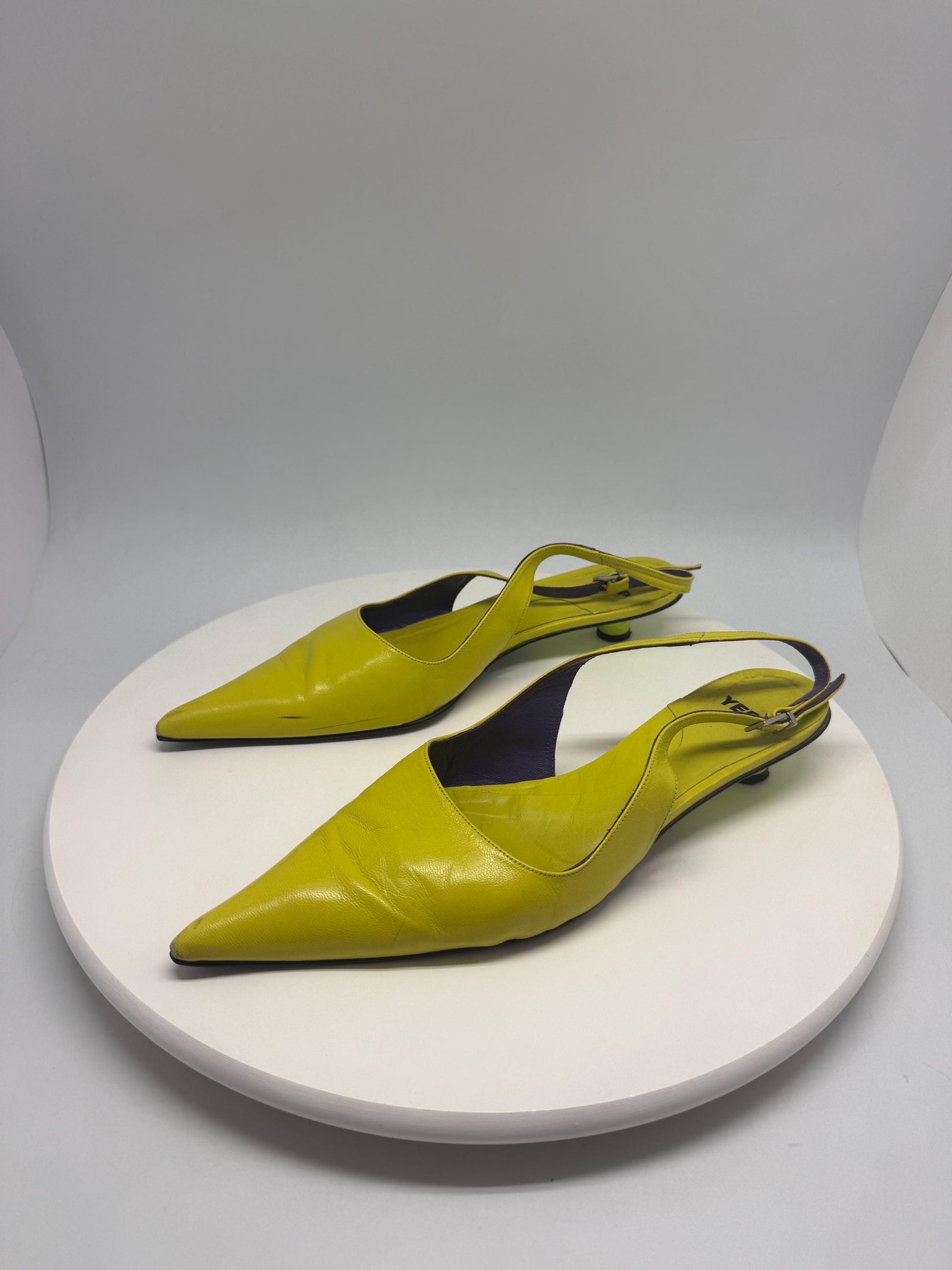 Y2K lime green heels, pointed toe, slingback style, EU 41, retro 2000s Kylie Minogue vibe, party statement shoes