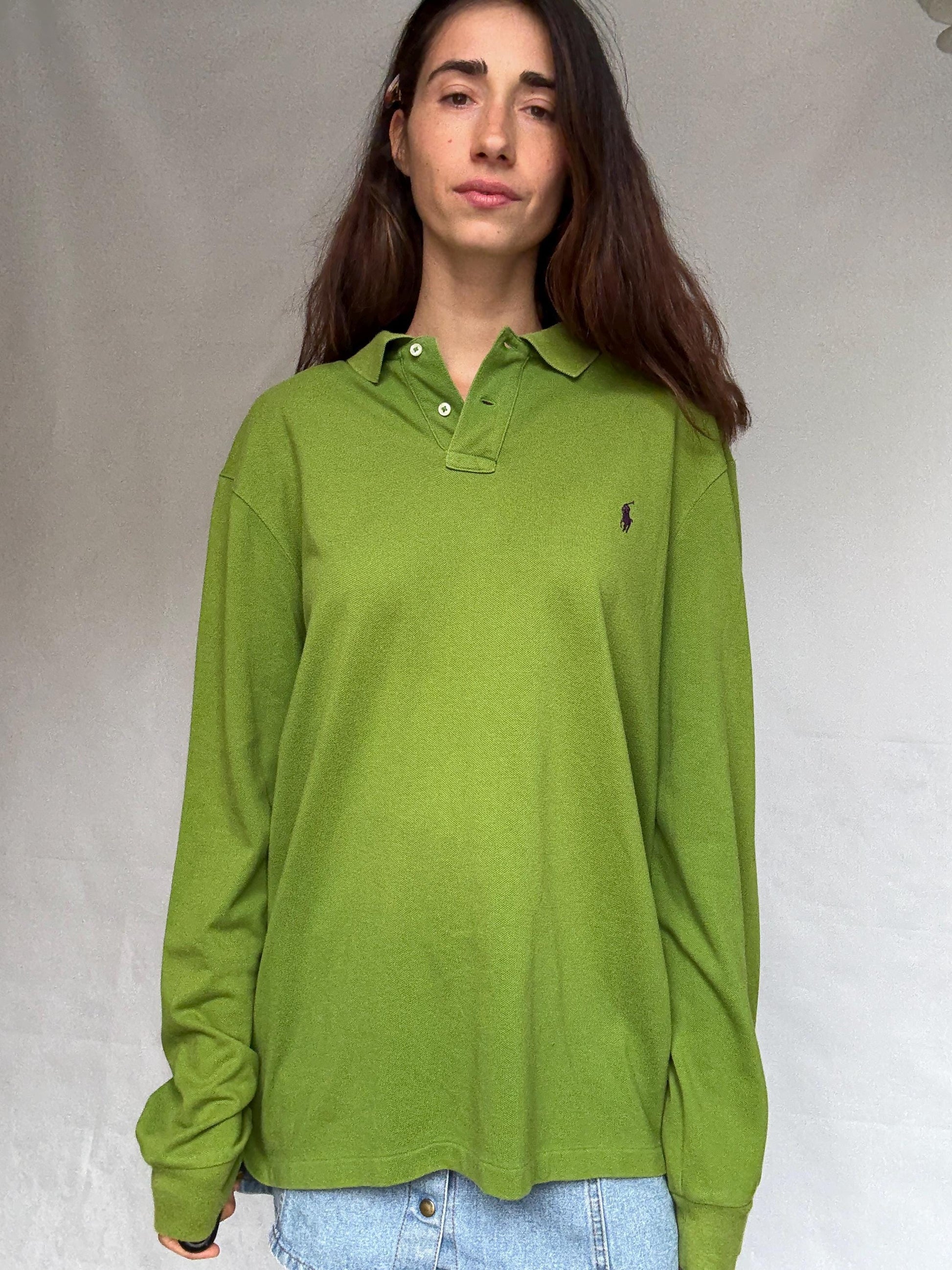 Ralph Lauren green long sleeve polo shirt, 100% cotton slim fit preppy Nicky Hilton Rothschild vibe, US XL, casual streetwear