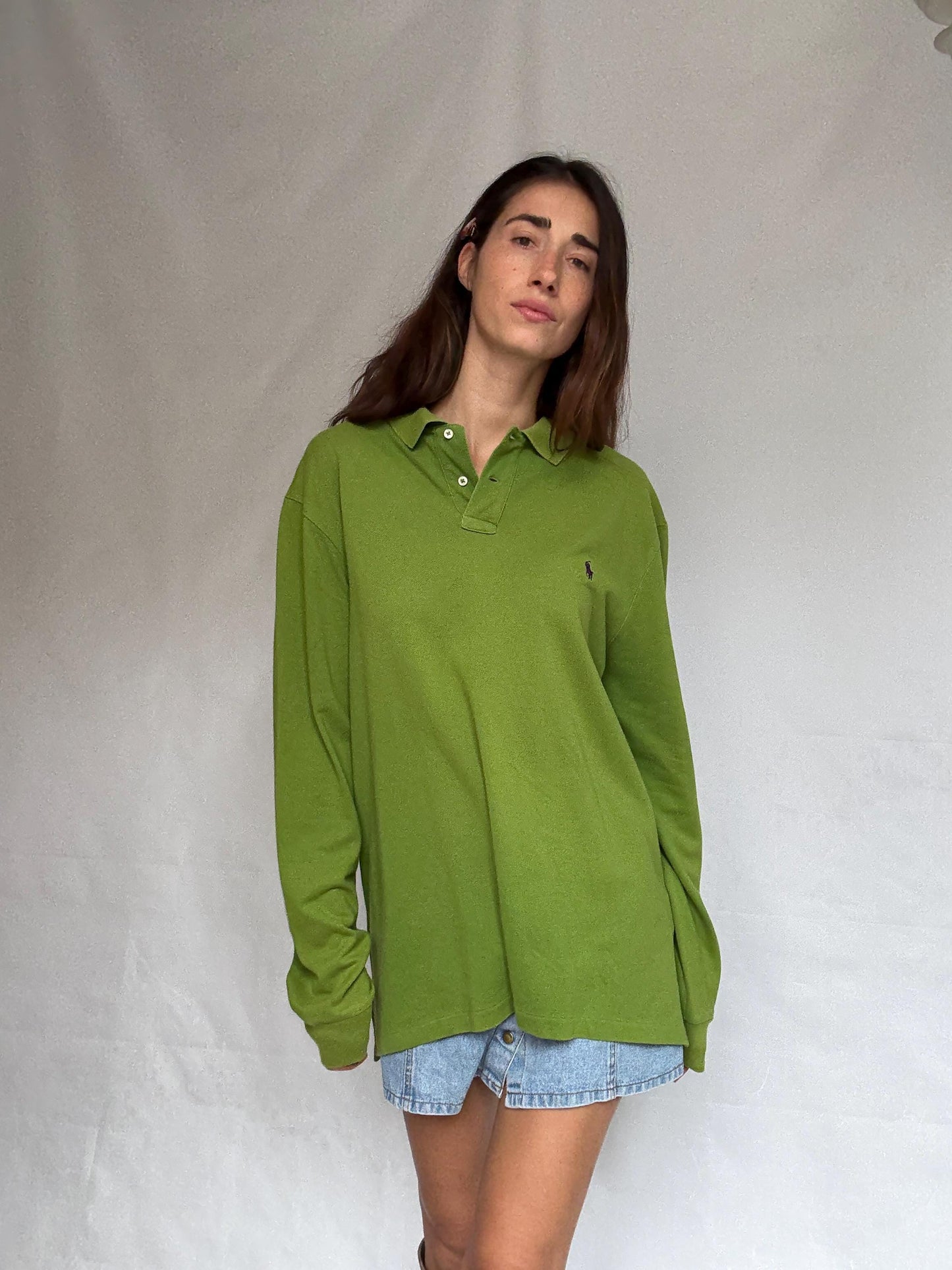 Ralph Lauren green long sleeve polo shirt, 100% cotton slim fit preppy Nicky Hilton Rothschild vibe, US XL, casual streetwear