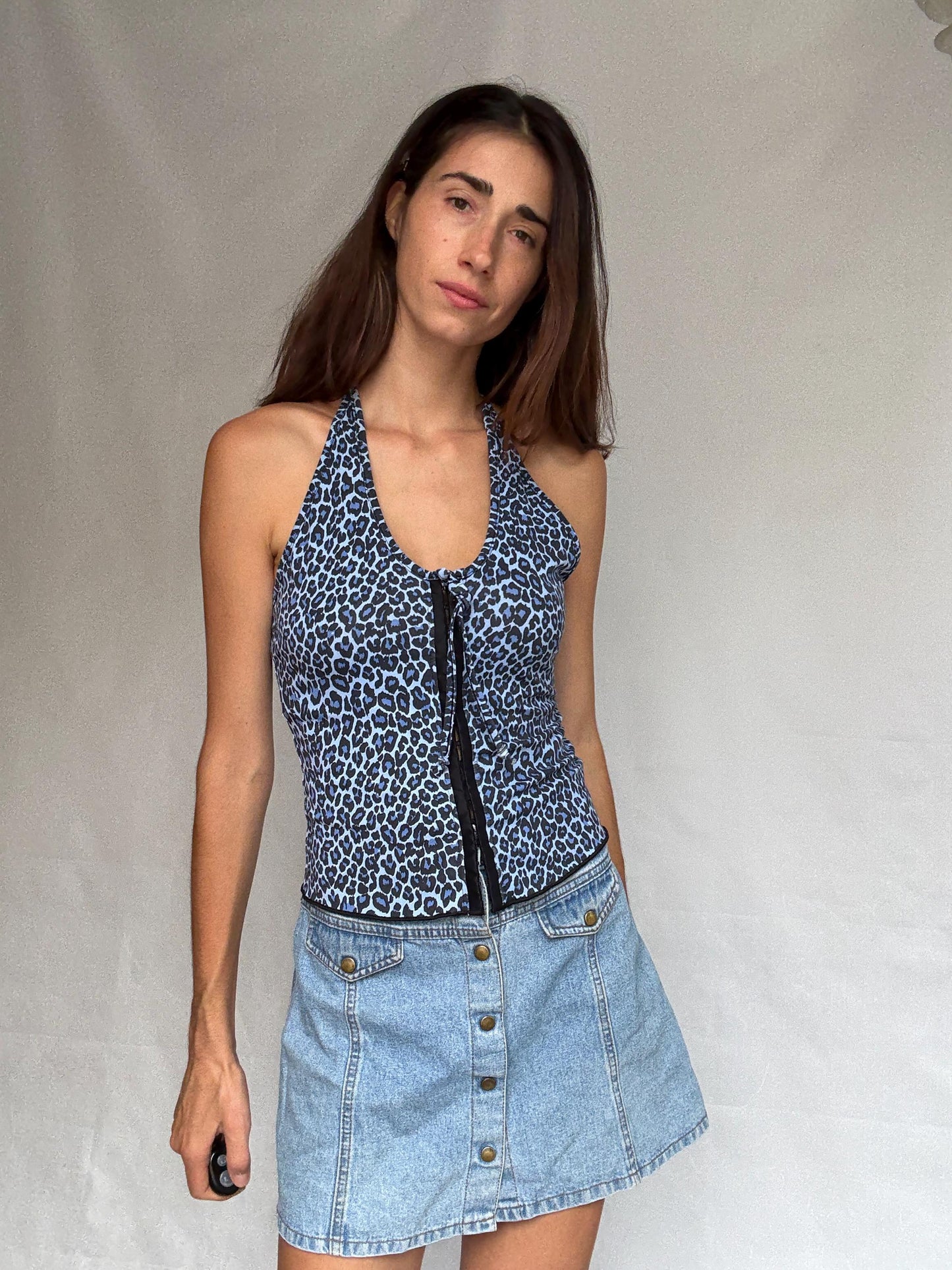Vintage Y2K blue leopard halter top, Corset hook and loop front, Playful animal print, US M, 90s evening statement piece