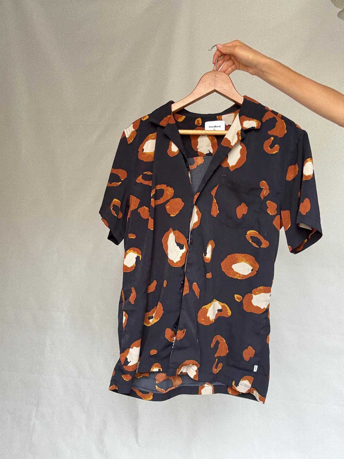 Woodbird abstract print shirt, relaxed fit button, up with a bold pattern, y2k Jared Leto, US XL, summer casual vibe