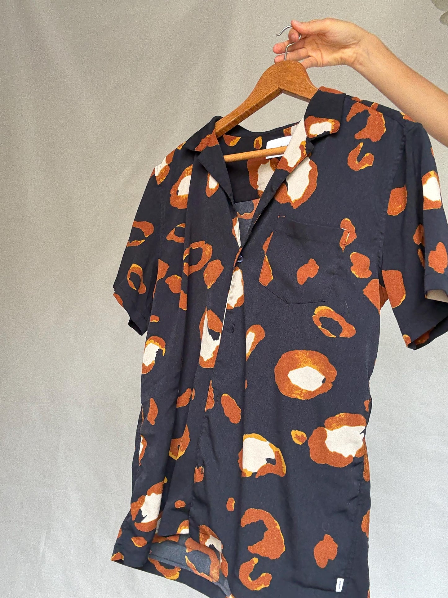 Woodbird abstract print shirt, relaxed fit button, up with a bold pattern, y2k Jared Leto, US XL, summer casual vibe