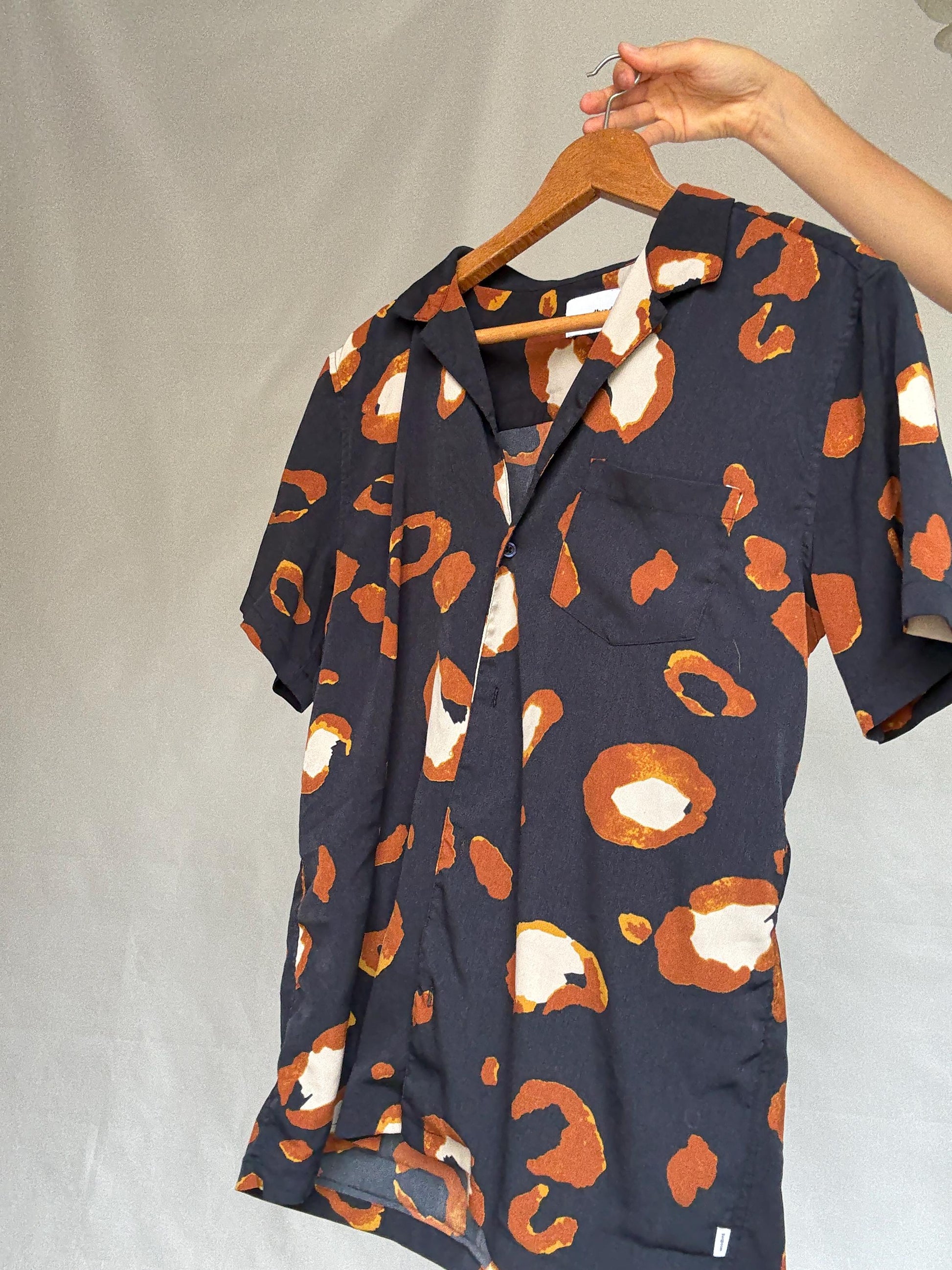 Woodbird abstract print shirt, relaxed fit button, up with a bold pattern, y2k Jared Leto, US XL, summer casual vibe