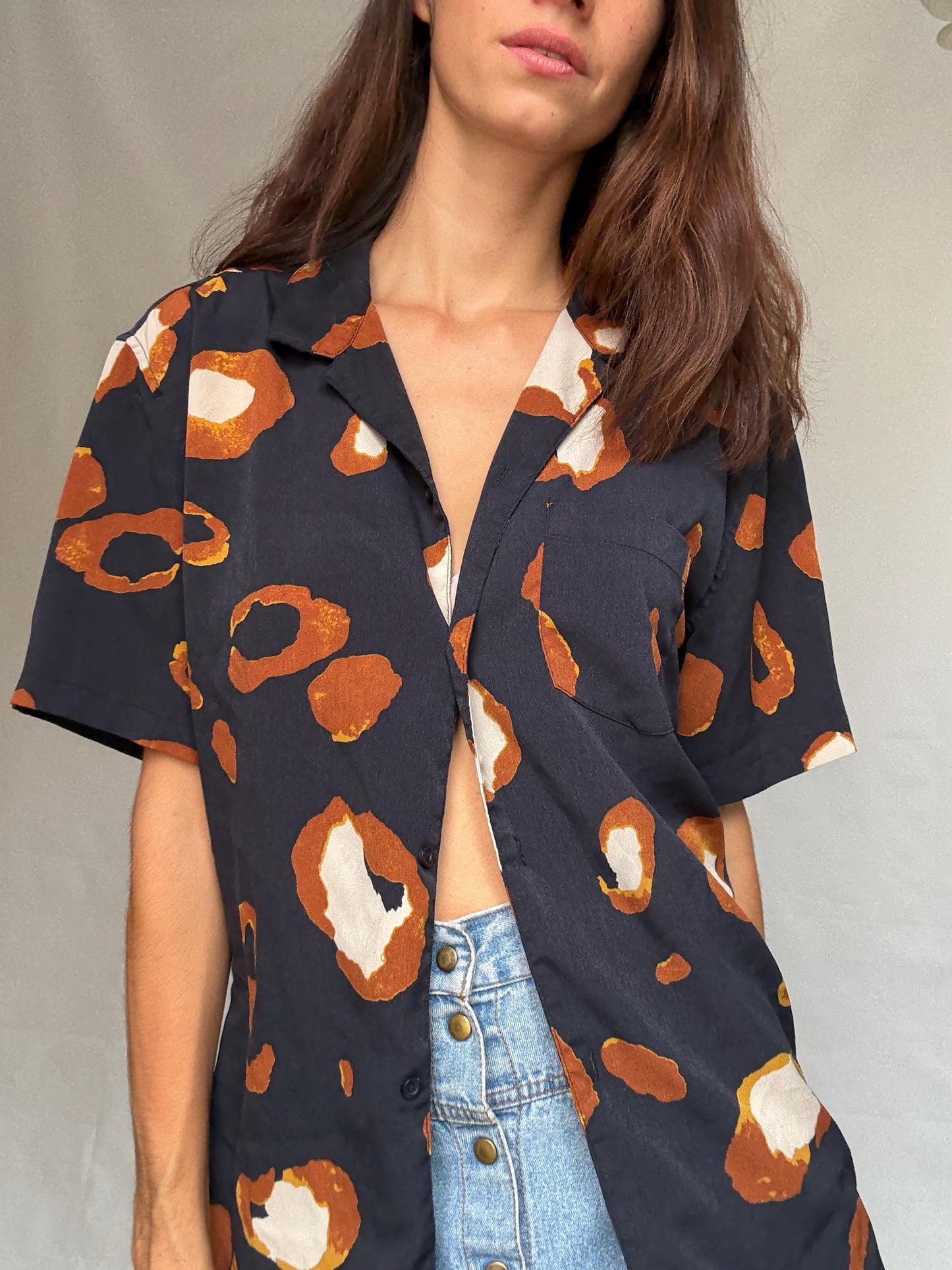Woodbird abstract print shirt, relaxed fit button, up with a bold pattern, y2k Jared Leto, US XL, summer casual vibe