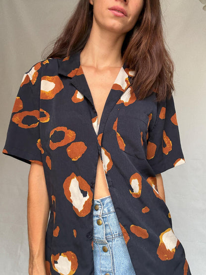 Vintage Abstract Print Button-Up Shirt — fabric close-up
