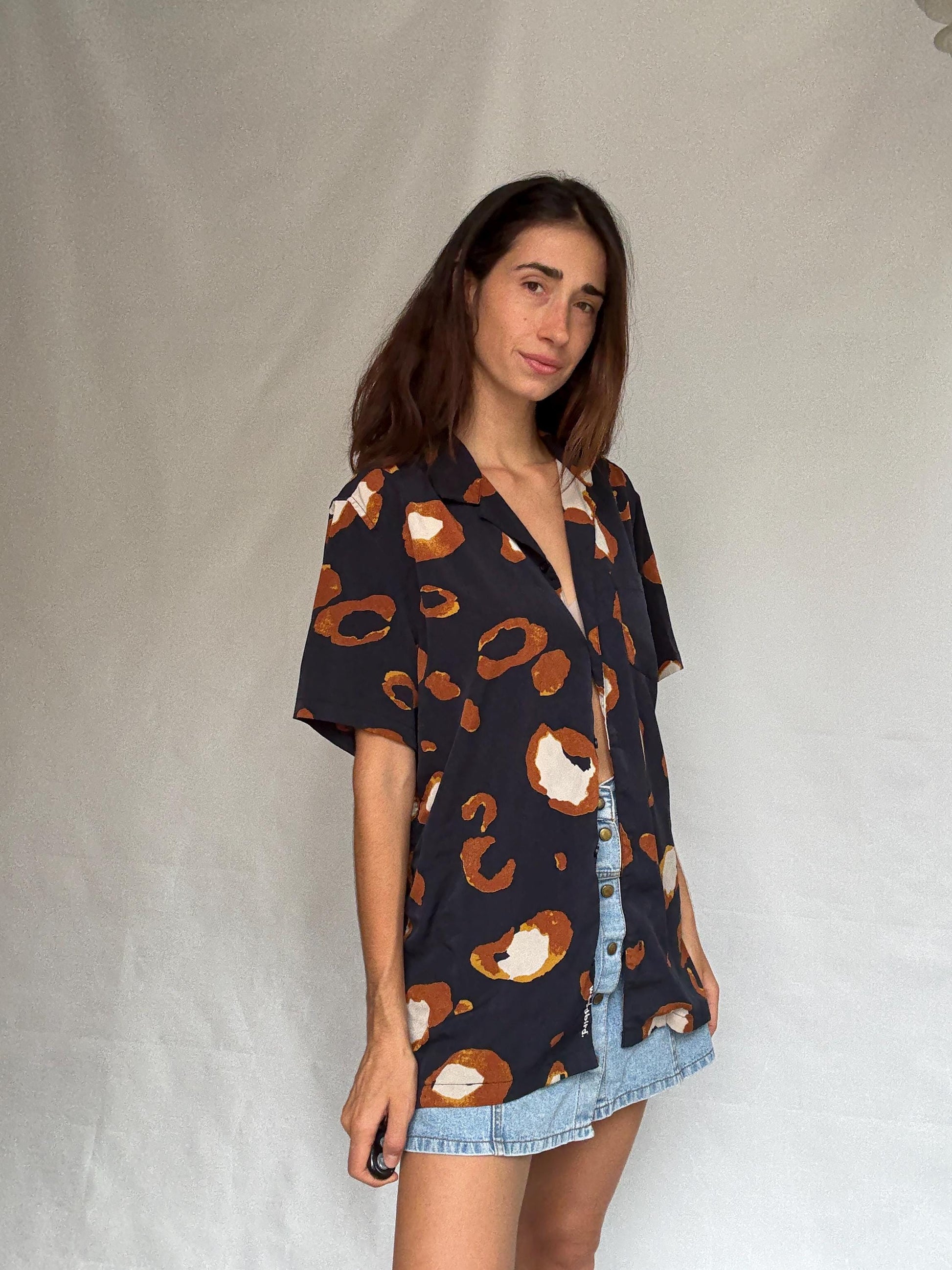 Woodbird abstract print shirt, relaxed fit button, up with a bold pattern, y2k Jared Leto, US XL, summer casual vibe