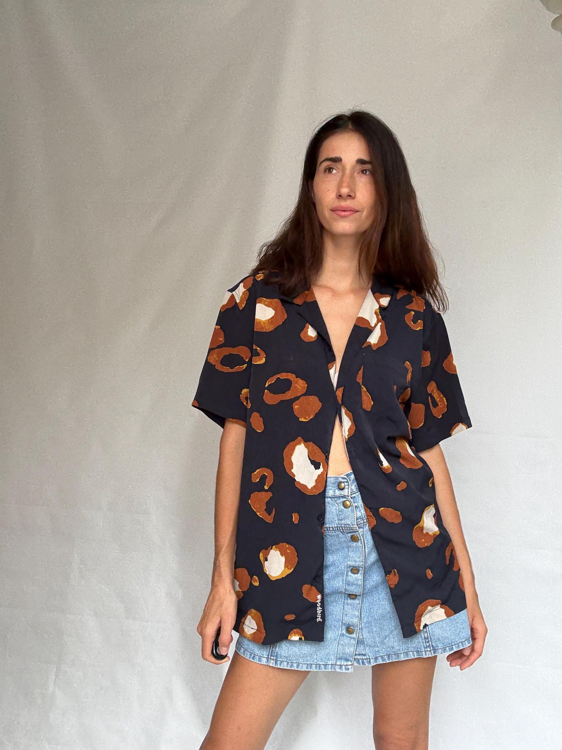 Woodbird abstract print shirt, relaxed fit button, up with a bold pattern, y2k Jared Leto, US XL, summer casual vibe