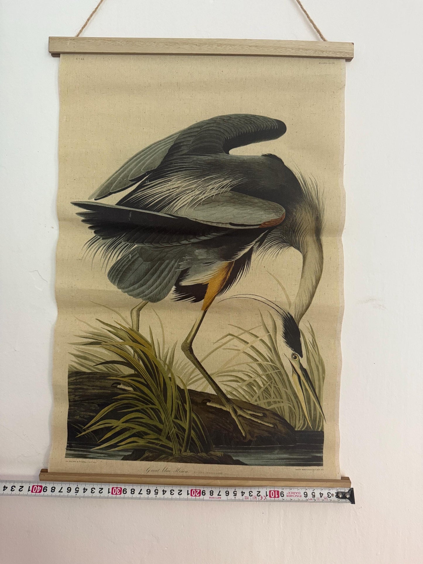 John James Audubon Style Great Blue Heron Linen Wall Hanging, Natural History Bird Illustration, Vintage Inspired Home Decor