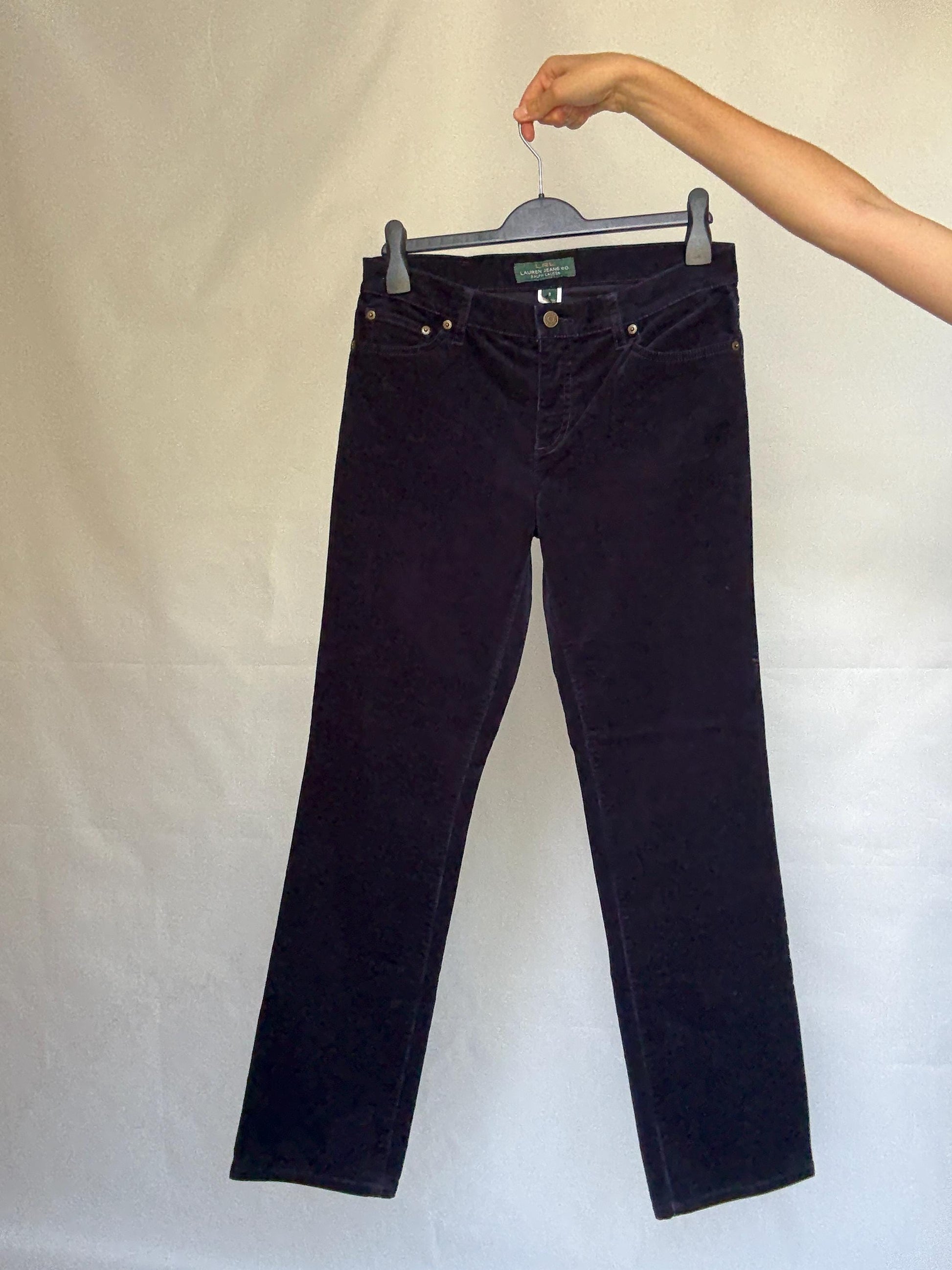 LRL Lauren Jeans Co. blue velvet cotton corduroy pants, straight leg fit, elegant preppy retro style, US M, casual chic