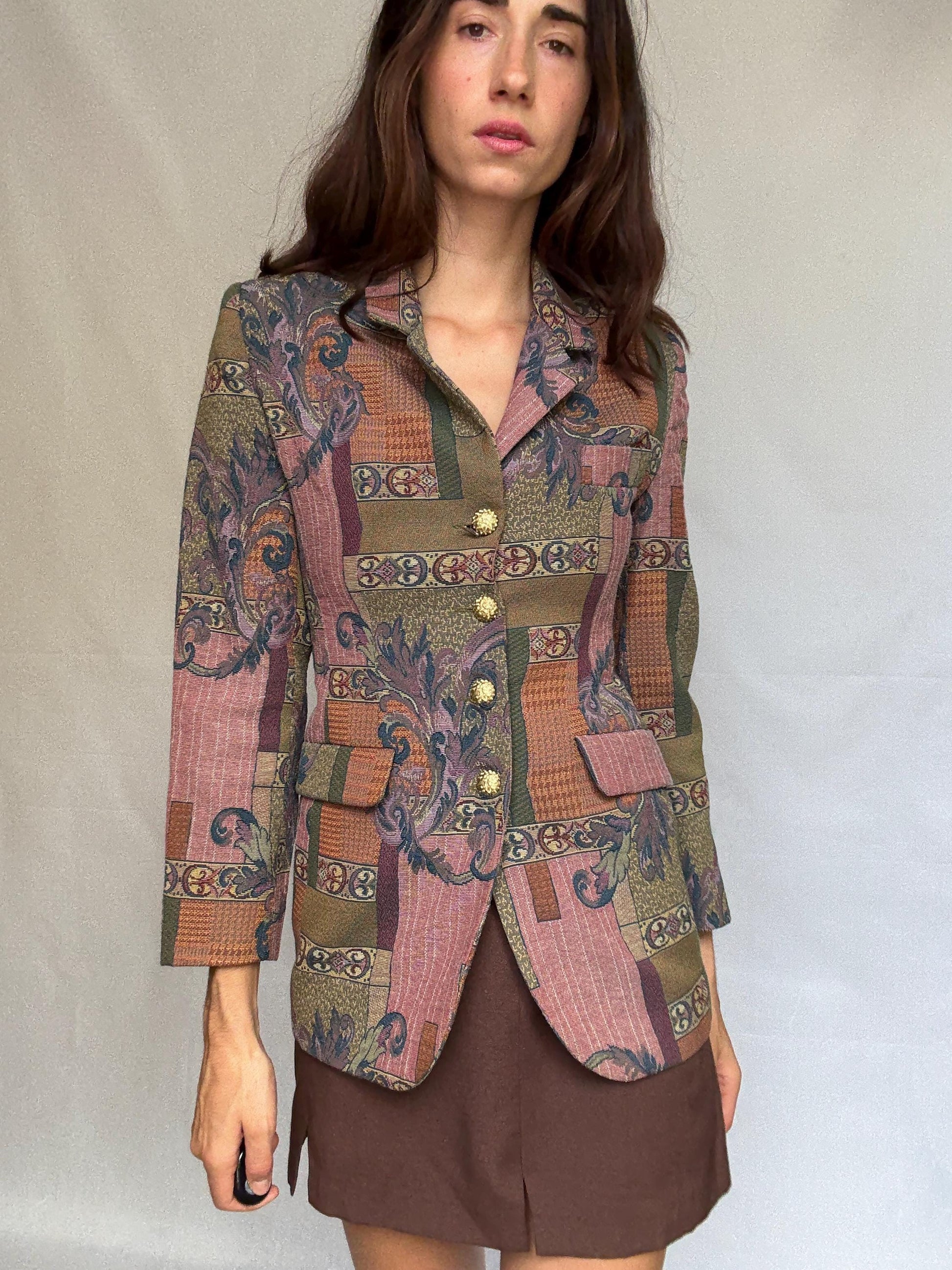 Vintage tapestry blazer, tailored fit, decorative gold buttons, baroque motifs, bohemian eclectic style, US XS, formal unique