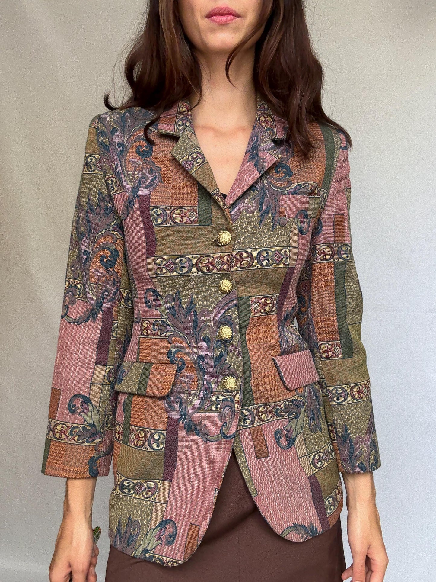 Vintage tapestry blazer, tailored fit, decorative gold buttons, baroque motifs, bohemian eclectic style, US XS, formal unique