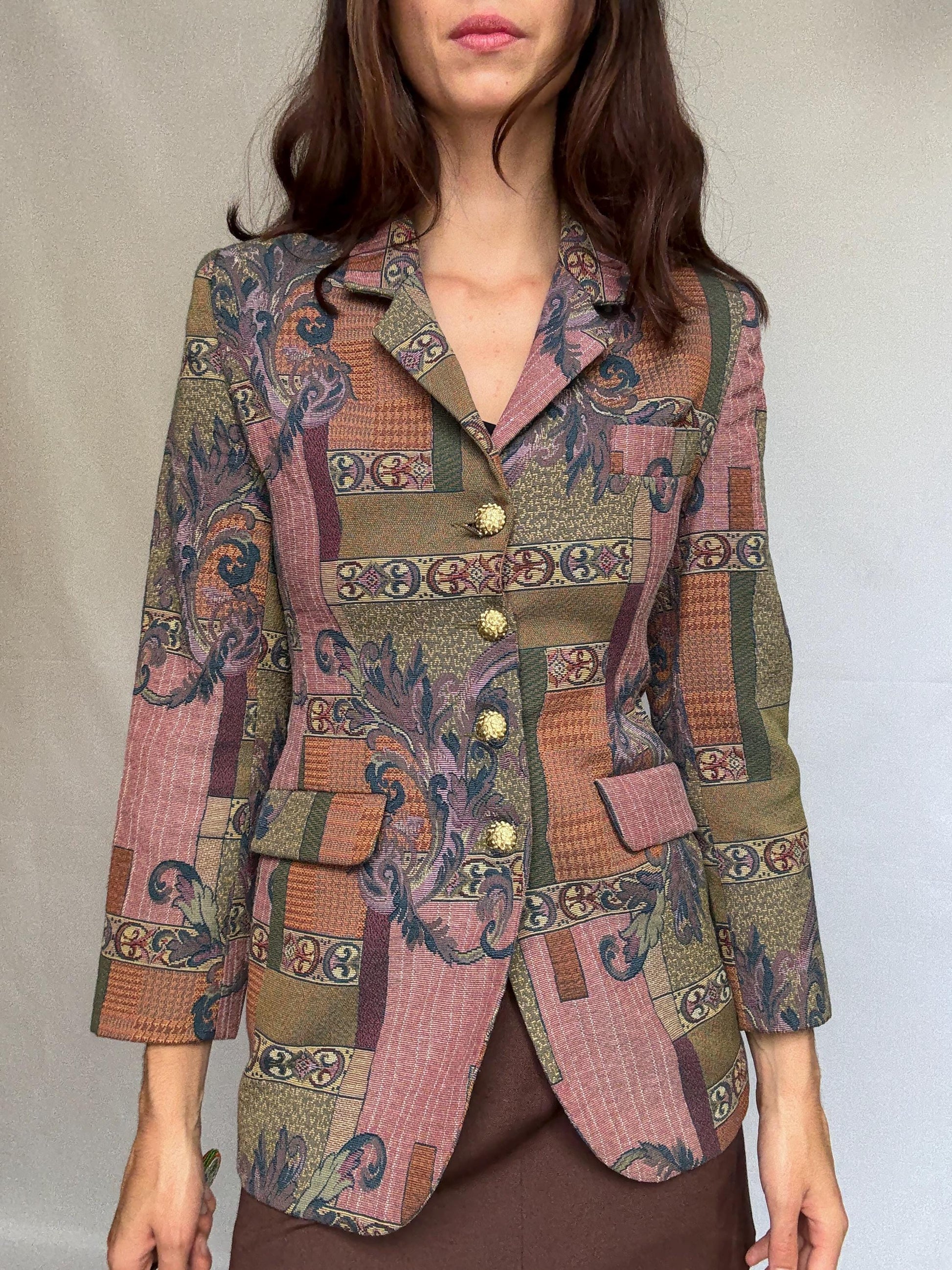 Vintage tapestry blazer, tailored fit, decorative gold buttons, baroque motifs, bohemian eclectic style, US XS, formal unique