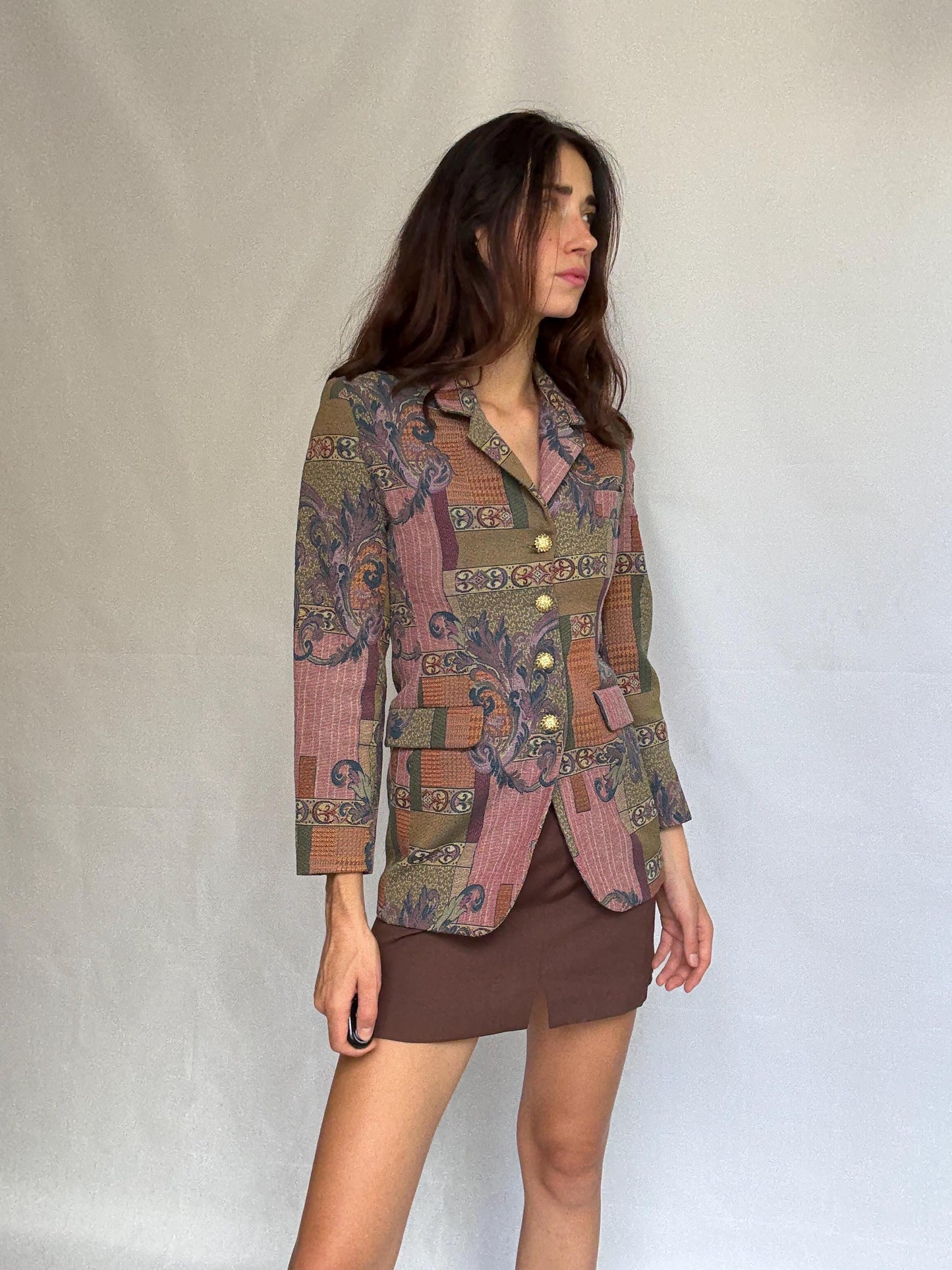 Vintage tapestry blazer, tailored fit, decorative gold buttons, baroque motifs, bohemian eclectic style, US XS, formal unique