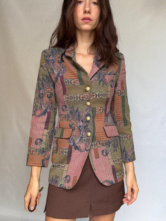Vintage tapestry blazer, tailored fit, decorative gold buttons, baroque motifs, bohemian eclectic style, US XS, formal unique