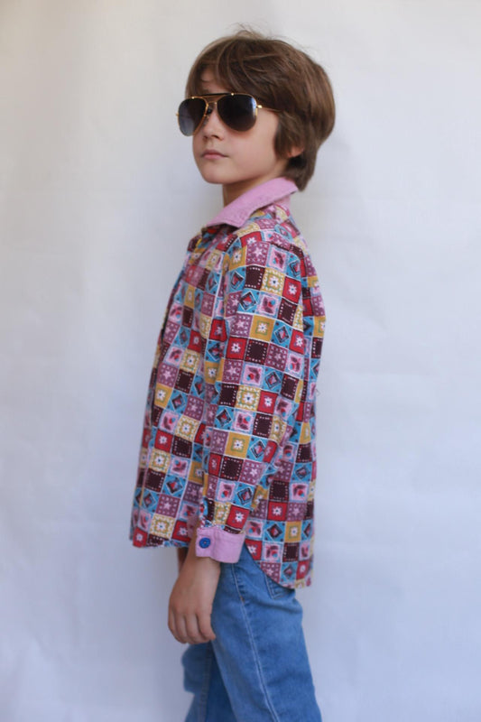 Vintage multicolored patchwork shirt, cotton, regular fit, floral button detail, bohemian eclectic, US M kids, streetwear casual, EU 116
