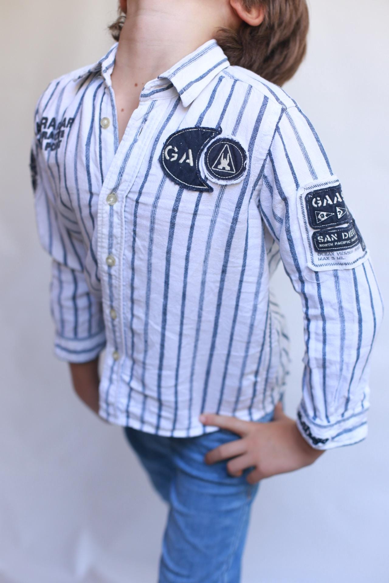 Gaastra navy striped long sleeve shirt, 100% linen, relaxed fit, casual nautical, EU 110 cm, everyday style