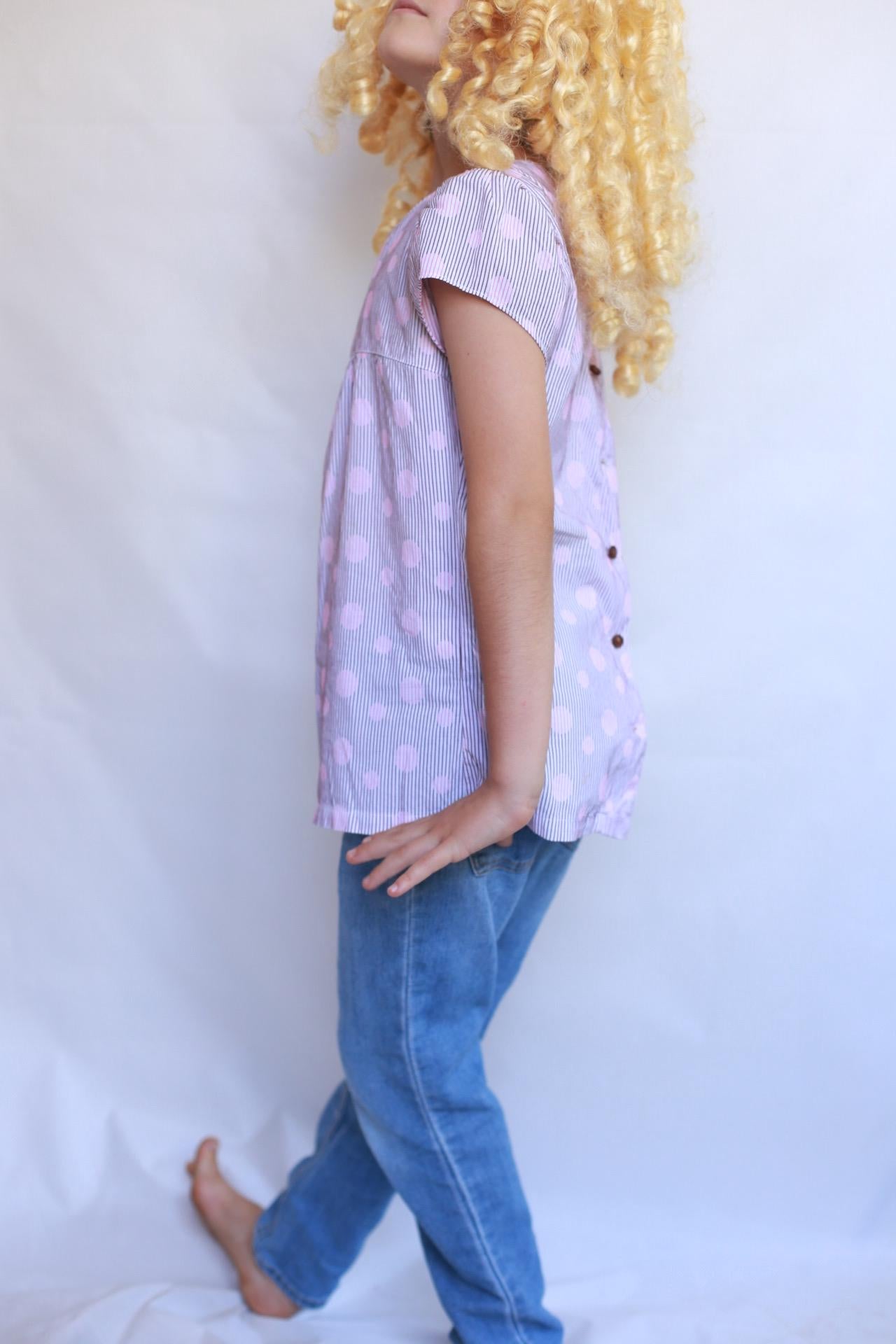 Sessun pink polka dot top, 100% cotton, crew neck, puffed sleeves, gathered detail, light academia, US XS kids, casual streetwear