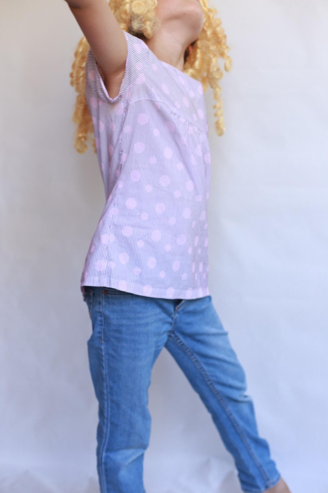 Sessun pink polka dot top, 100% cotton, crew neck, puffed sleeves, gathered detail, light academia, US XS kids, casual streetwear