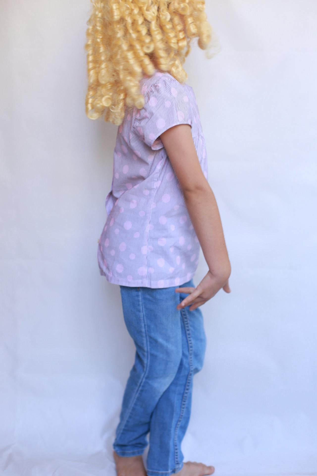 Sessun pink polka dot top, 100% cotton, crew neck, puffed sleeves, gathered detail, light academia, US XS kids, casual streetwear