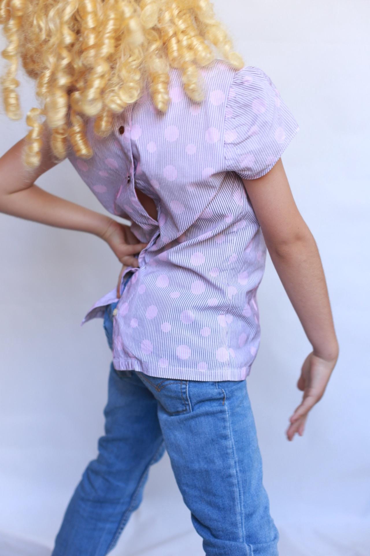 Sessun pink polka dot top, 100% cotton, crew neck, puffed sleeves, gathered detail, light academia, US XS kids, casual streetwear