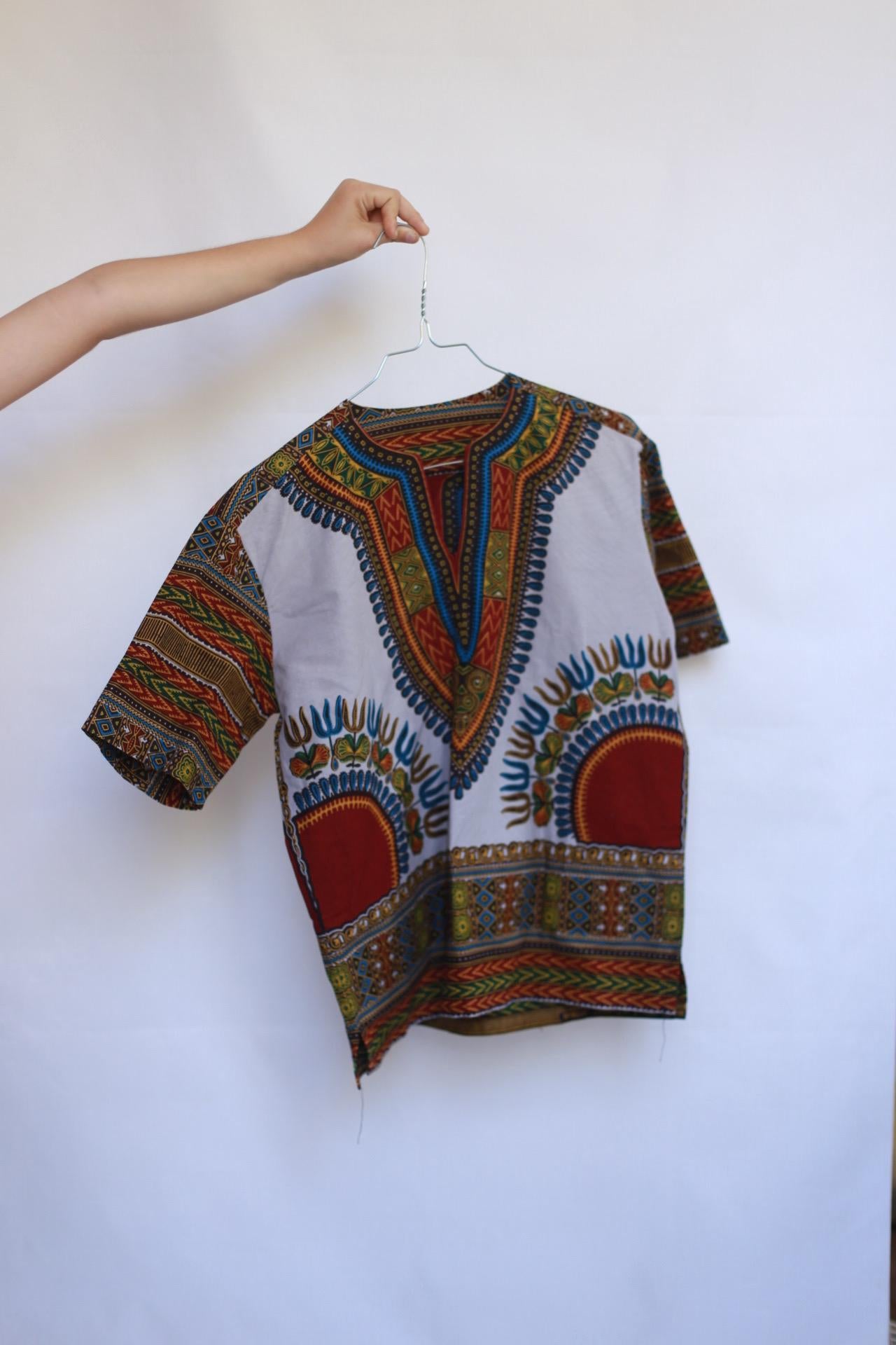 African dark green children's shirt, straight fit, classic collar, retro 90s inspired, US M (children), Dashiki pattern