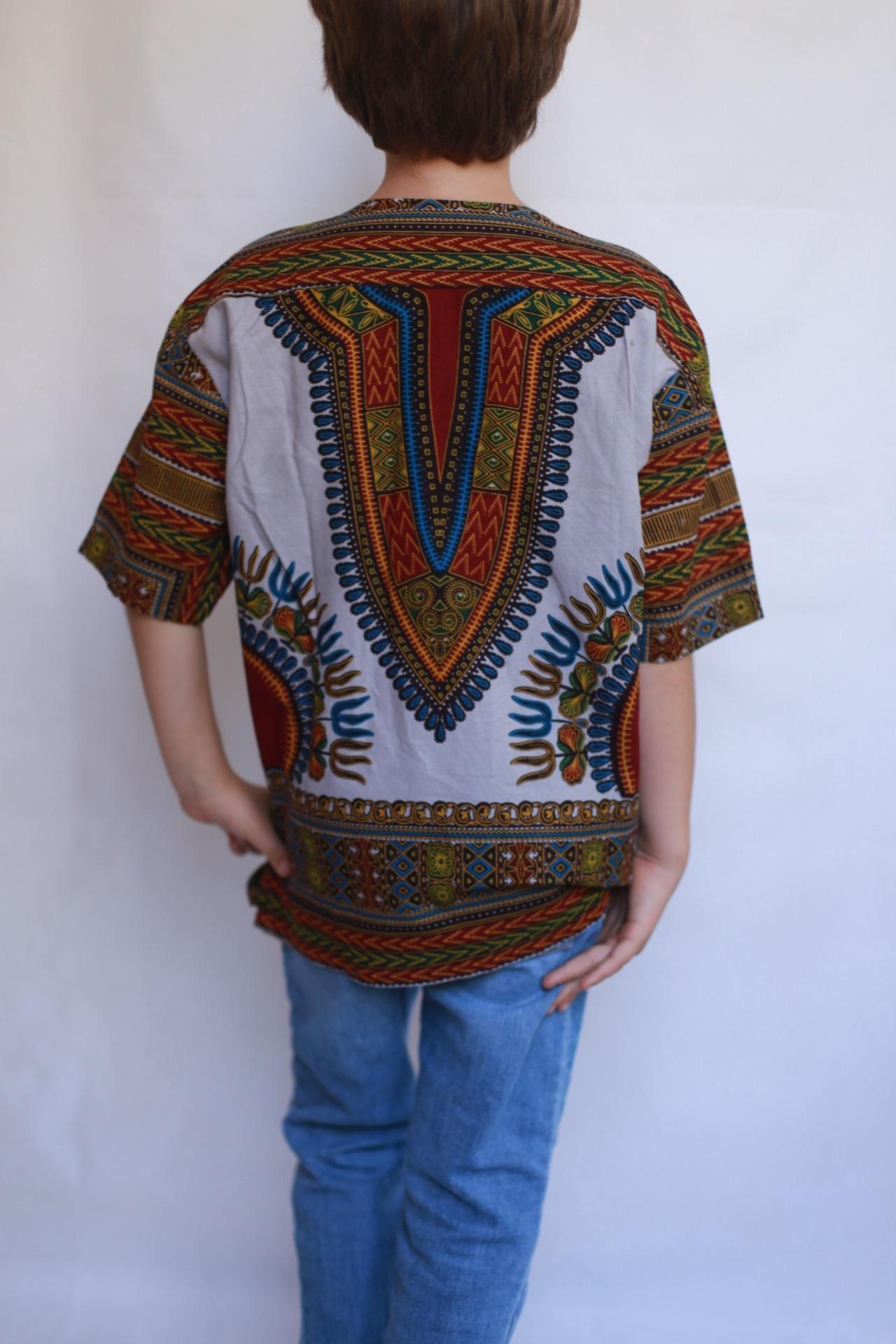 African dark green children's shirt, straight fit, classic collar, retro 90s inspired, US M (children), Dashiki pattern