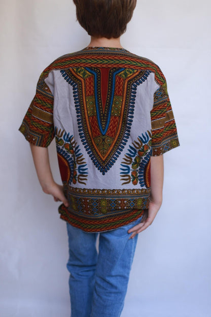 Dark Green Dashiki Pattern Kids Shirt, 90s Retro Style