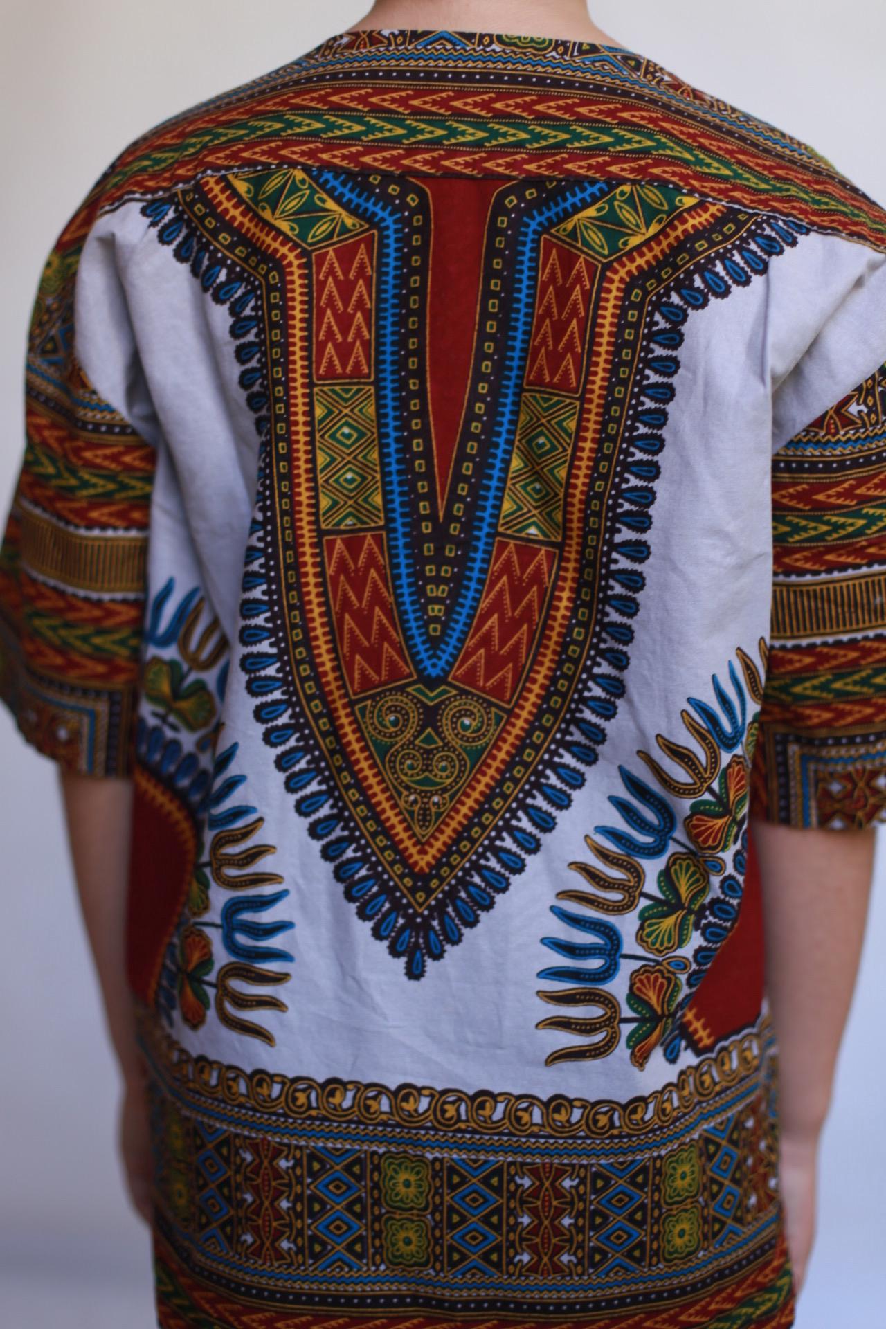 African dark green children's shirt, straight fit, classic collar, retro 90s inspired, US M (children), Dashiki pattern