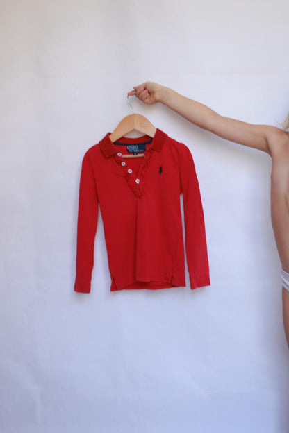 Ralph Lauren red shirt,, classic fit, collared with ruffled trim, preppy Kate Middleton style, US 6