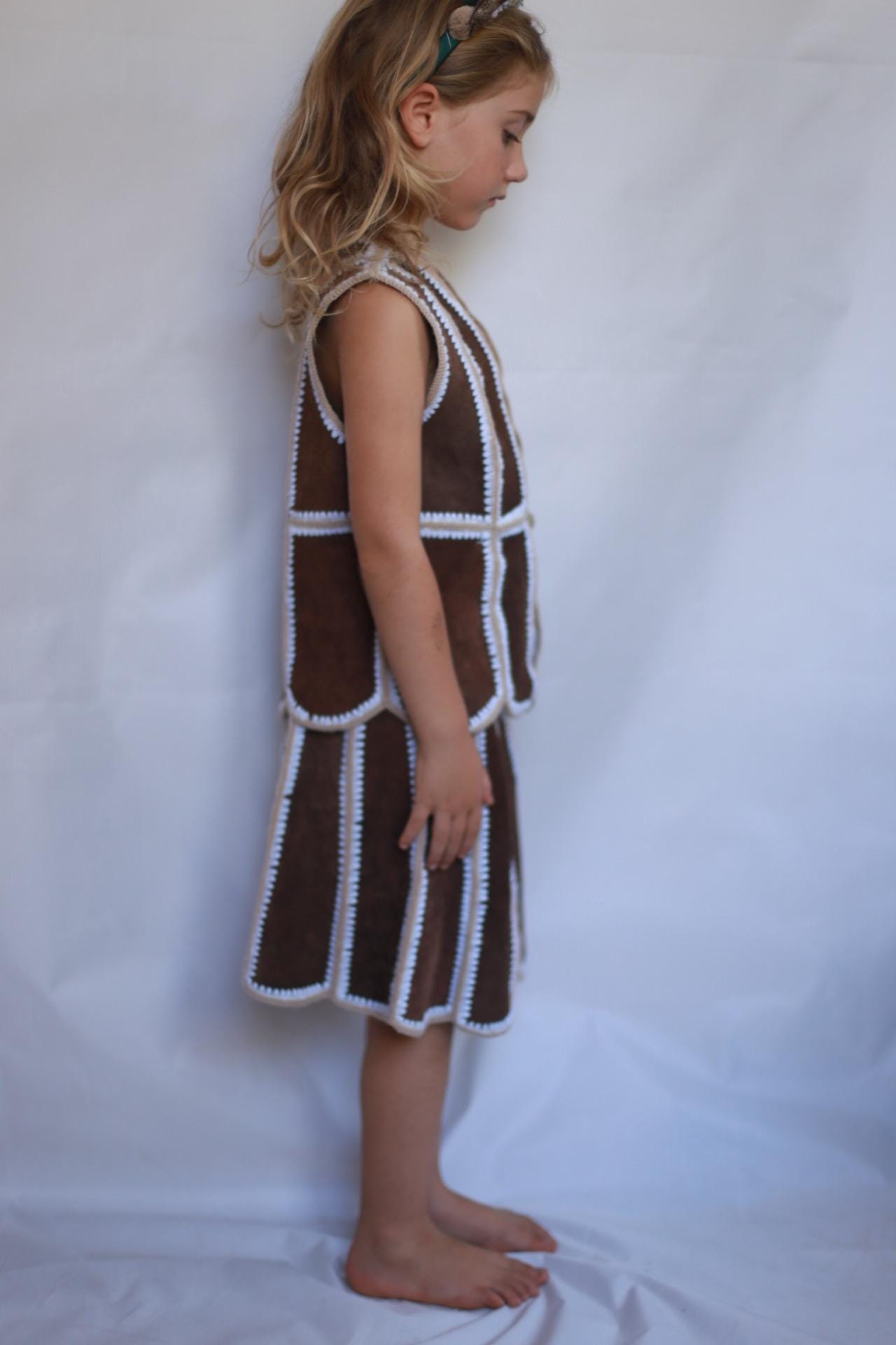 Rustic kids vest and skirt set, wool and leather blend, striped stitch detail, bohemian style, playtime wear, size 5-7 years old