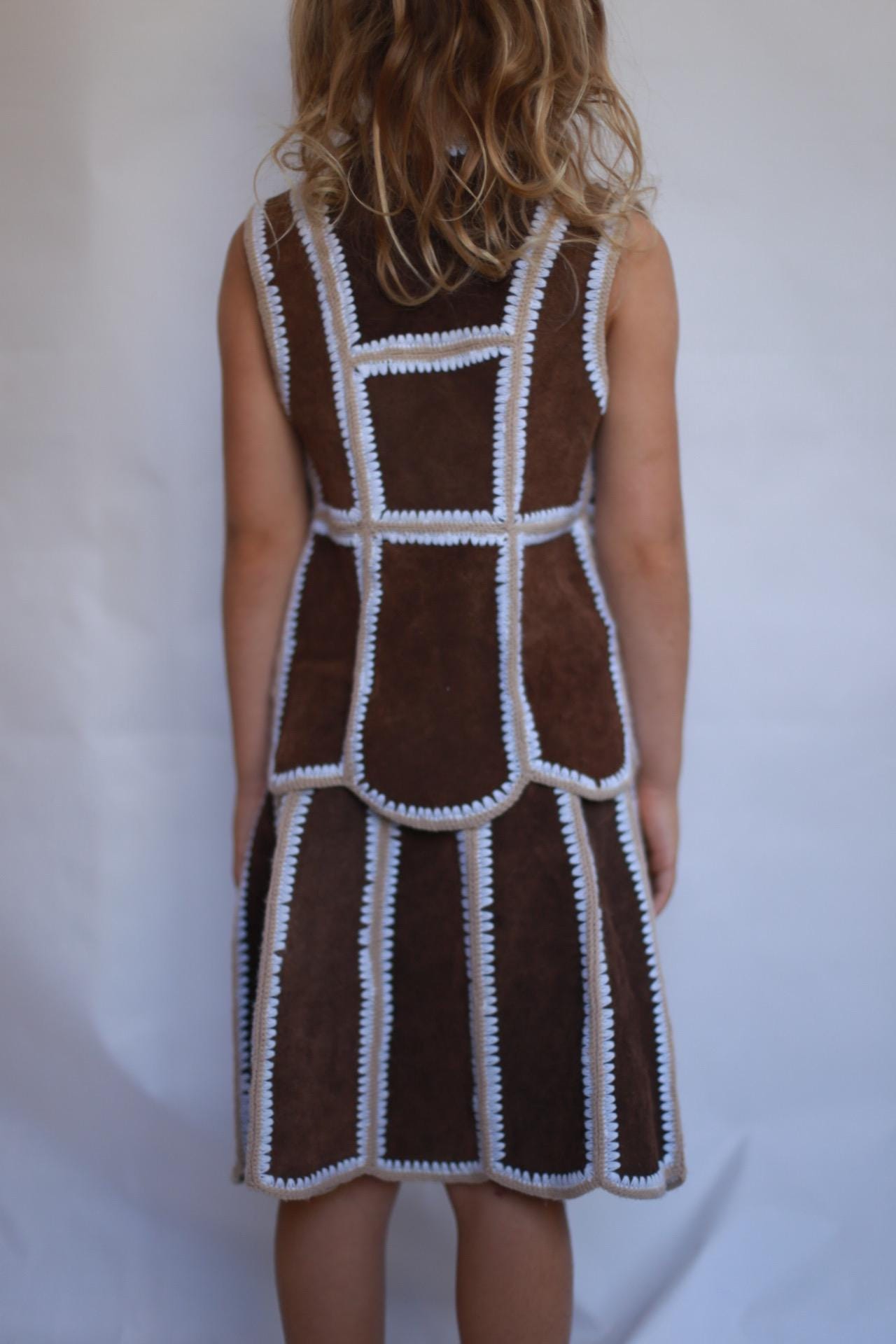 Rustic kids vest and skirt set, wool and leather blend, striped stitch detail, bohemian style, playtime wear, size 5-7 years old